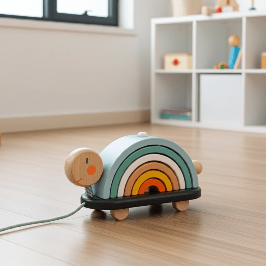 Colorful wooden toy on wheels in a room with a shelf and chair.