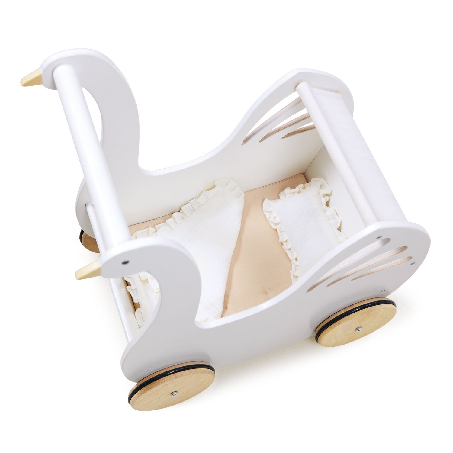 White wooden baby walker with wooden wheels on a white background