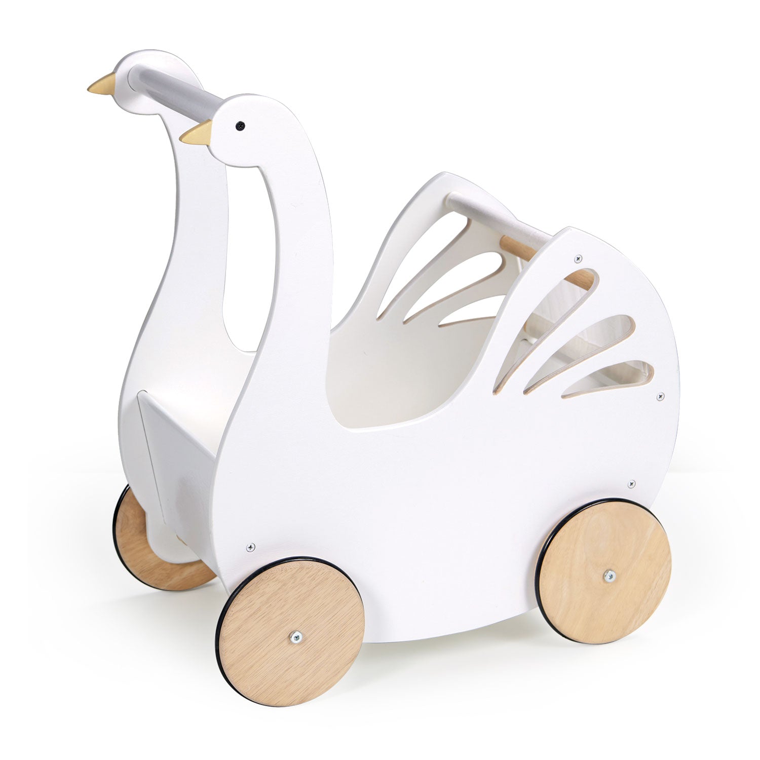 White goose-shaped toy with wheels on a white background