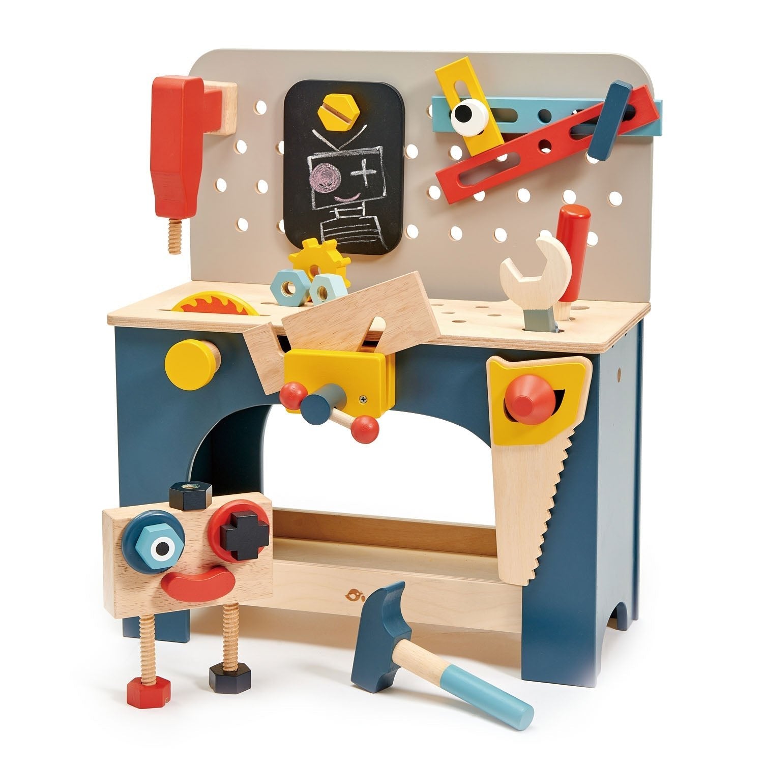 Wooden toy workbench with various tools and a chalkboard on a white background