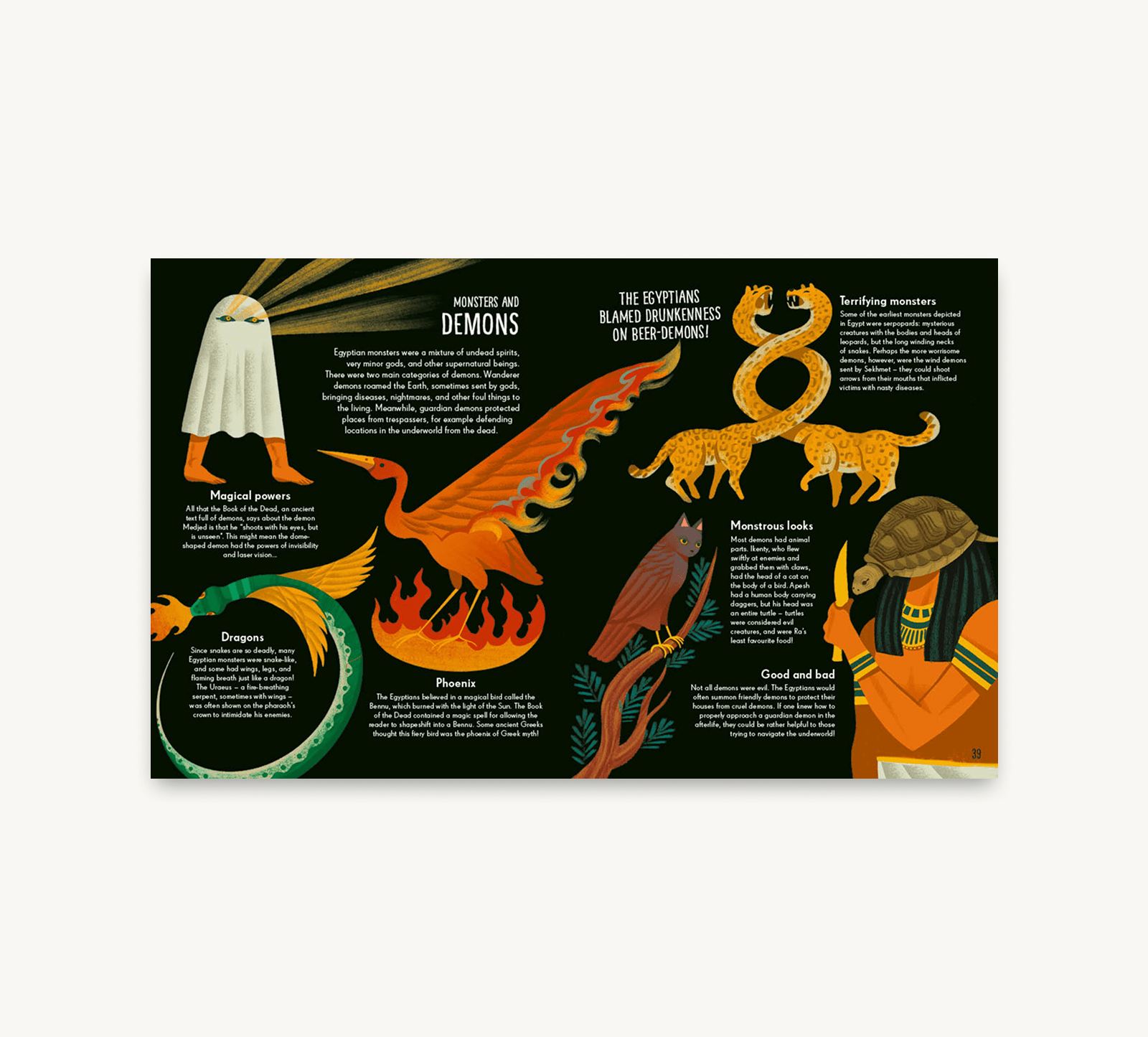 Illustrated poster with various mythical creatures and text on a black background