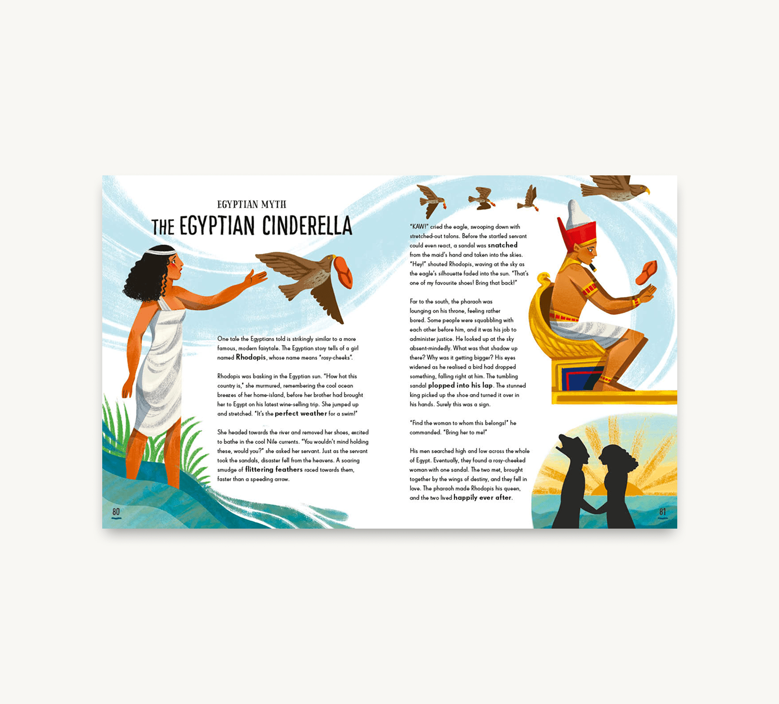 Illustrated book page titled 'The Egyptian Cinderella' with characters and text.