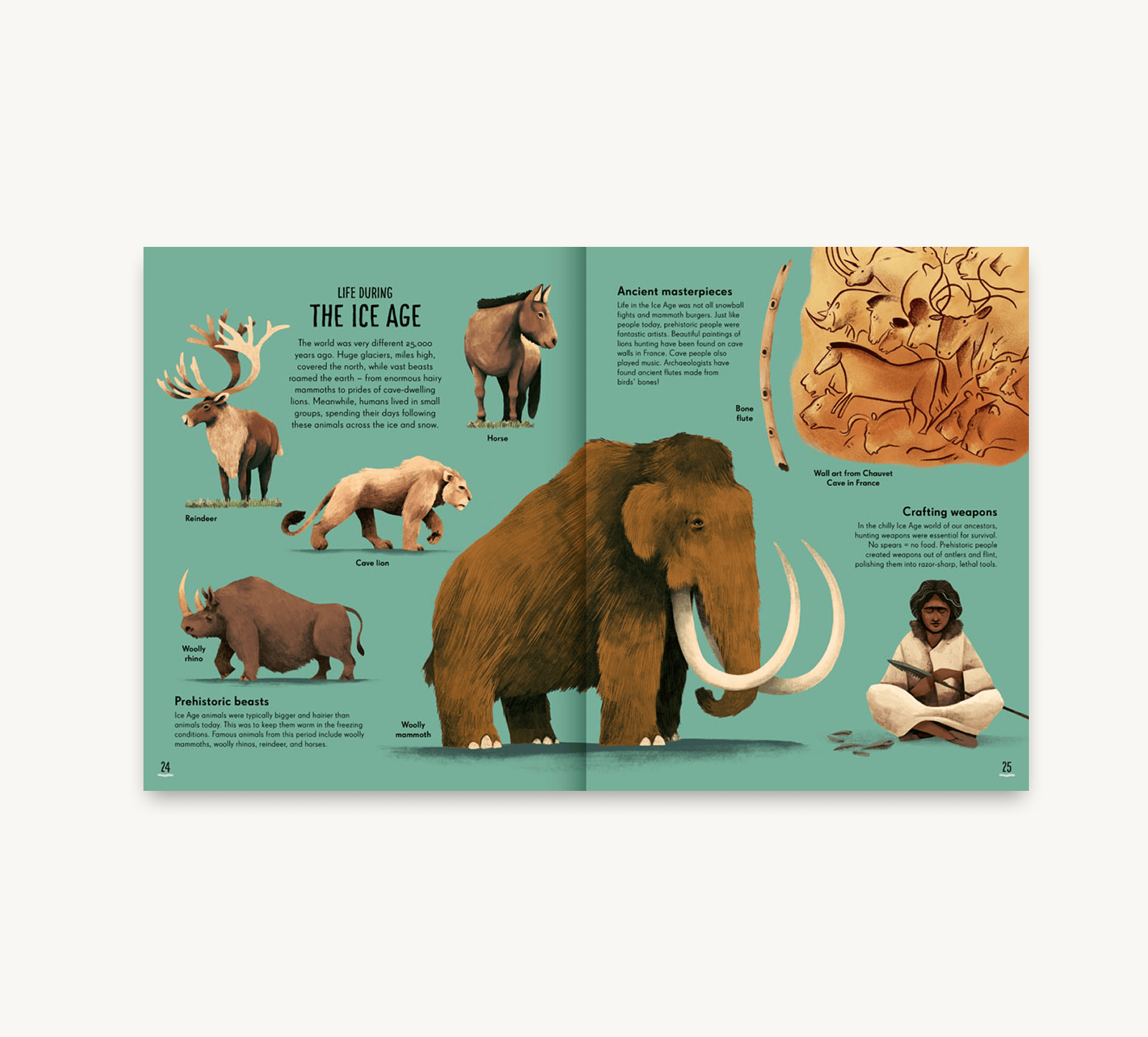 Book open to a page about prehistoric animals and humans during the Ice Age.