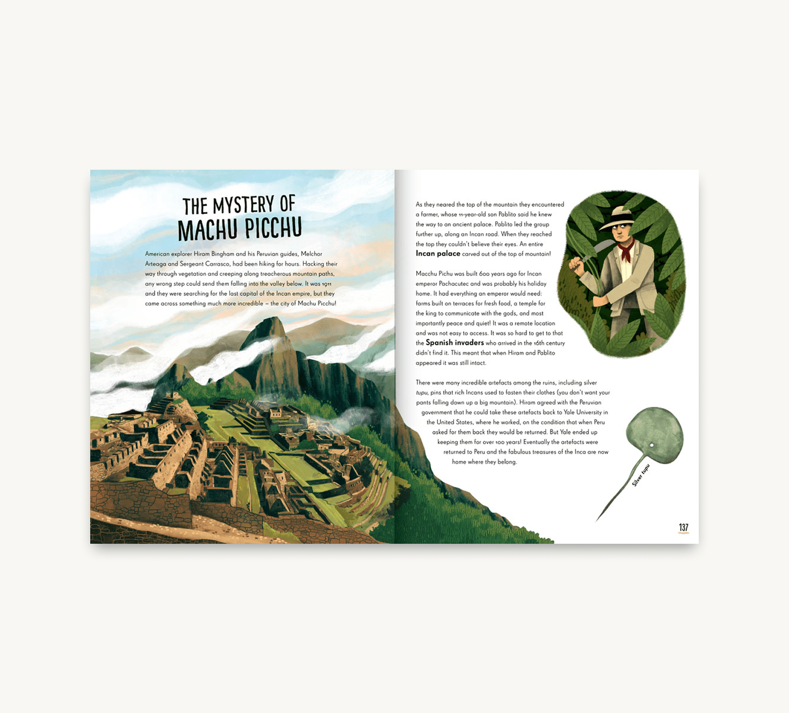 Book page with illustration of Machu Picchu and explorer, titled 'The Mystery of Machu Picchu'.