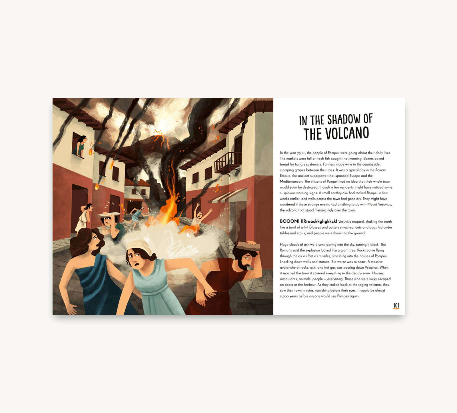 Illustration of a scene with people in a town under a volcanic eruption, accompanied by text on a white background.