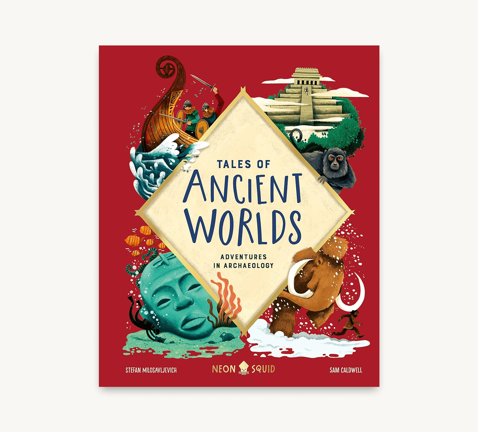 Book cover of 'Tales of Ancient Worlds' with illustrations on a red background