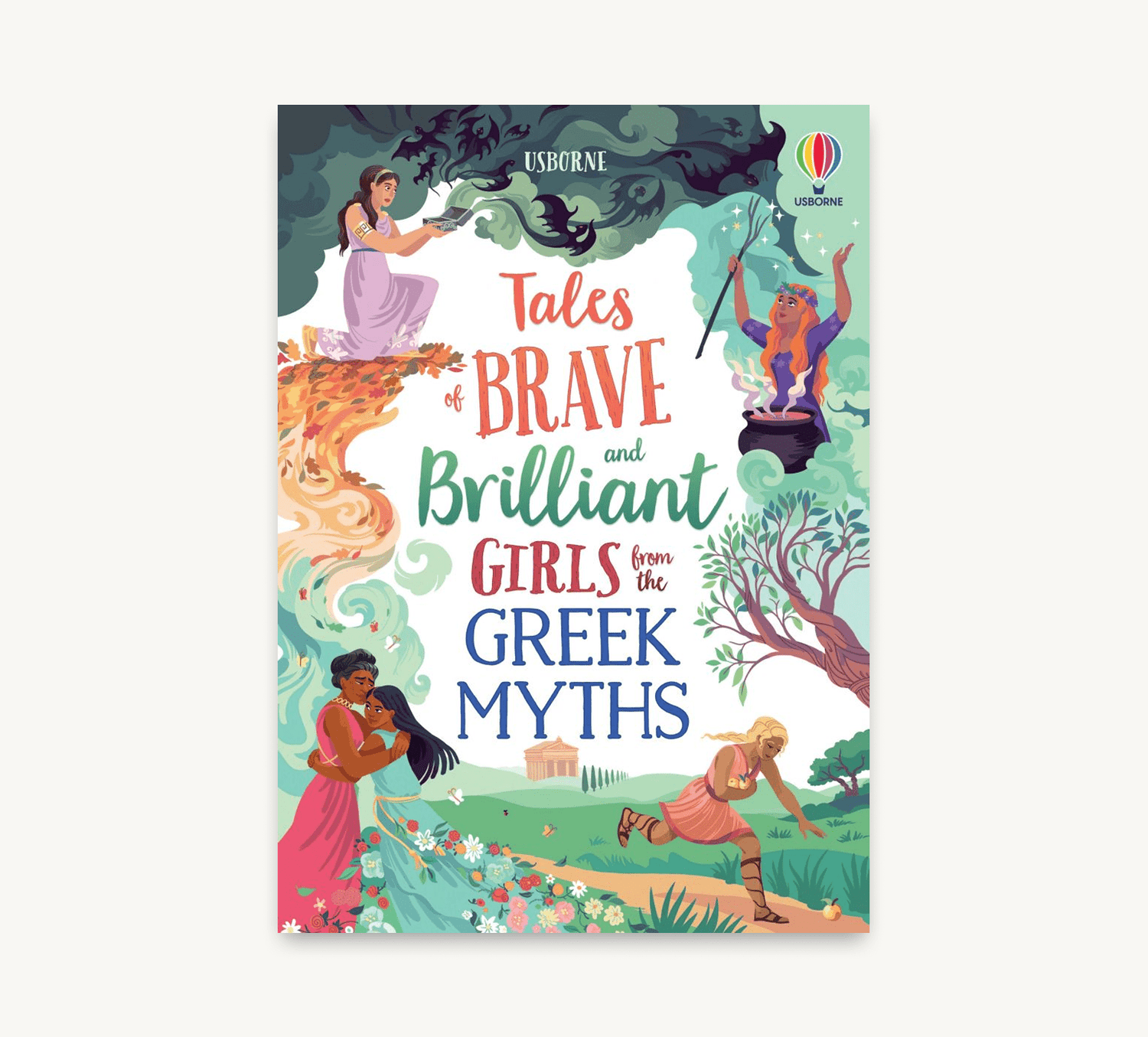 Book cover of 'Tales of Brave and Brilliant Girls from the Greek Myths' with colorful illustrations on a white background.