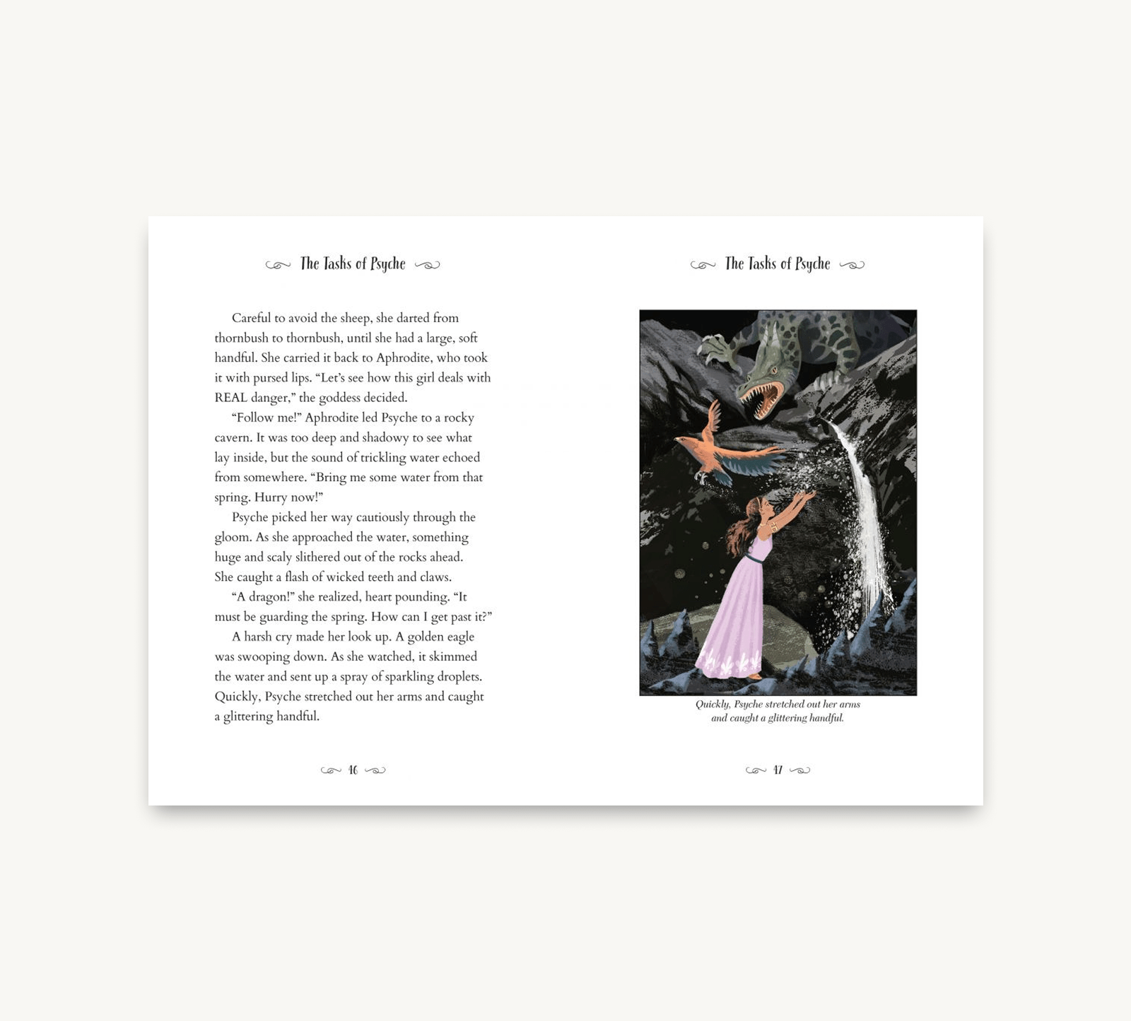 Page from a book with text and an illustration of a woman in a pink dress by a waterfall.