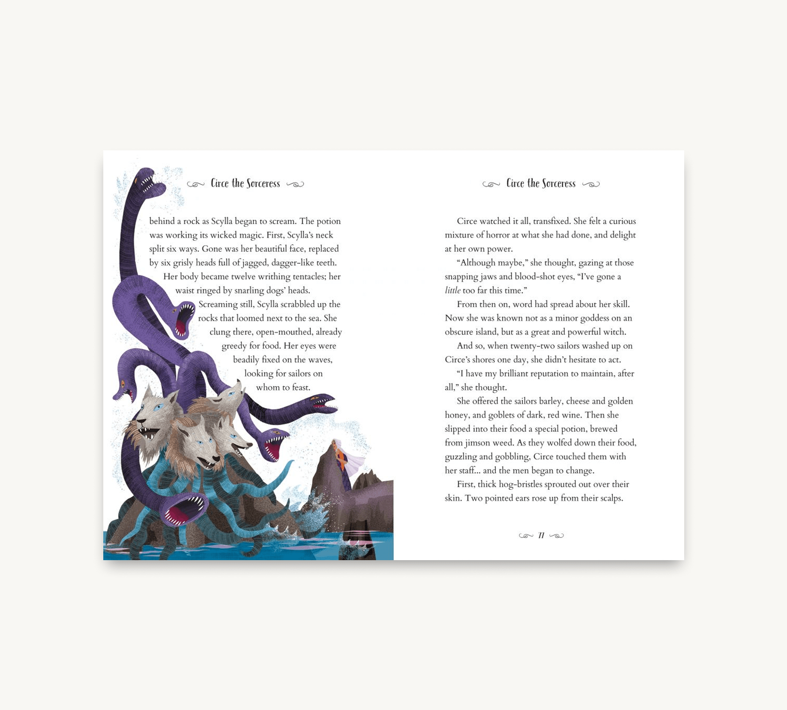 Illustrated book page with fantasy creatures and text on a white background