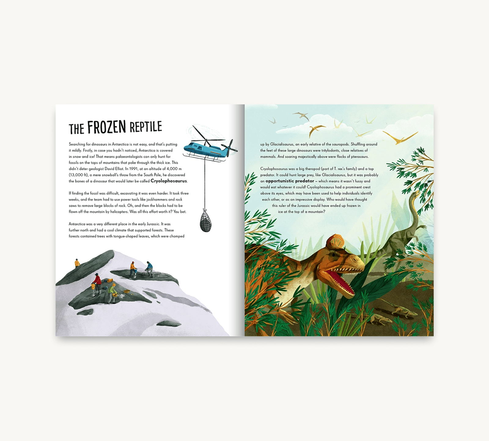 Illustrated book page with a crocodile and helicopter scene