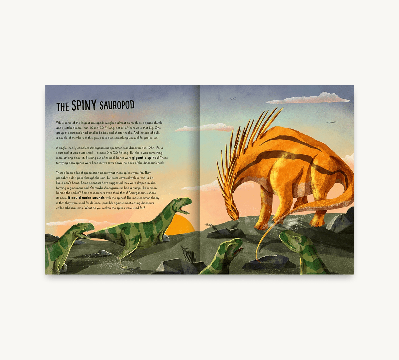 Illustrated book page with a Spiny Sauropod and other dinosaurs against a mountainous landscape.