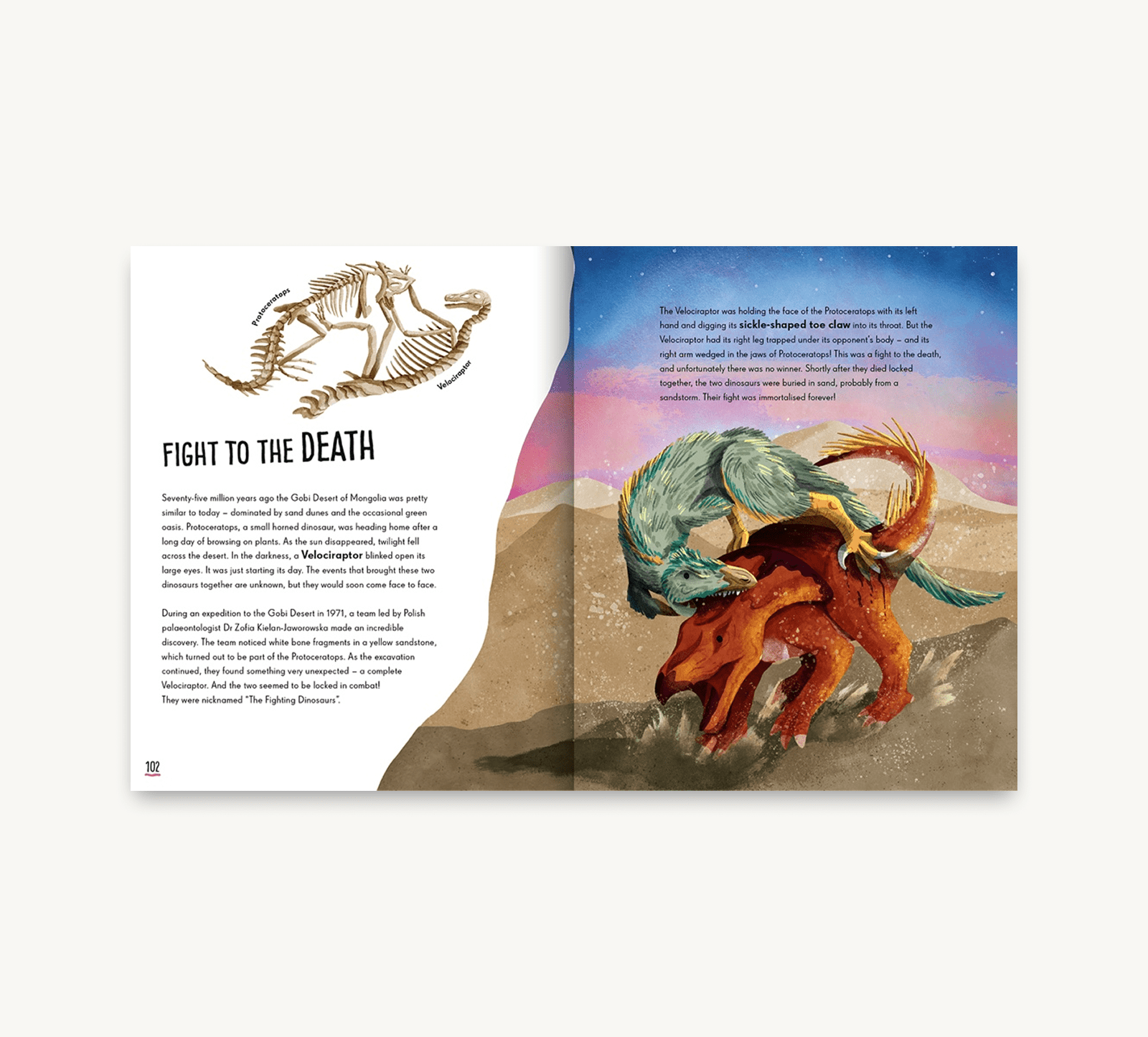 Illustrated book page with two dinosaurs facing each other and text on a desert background