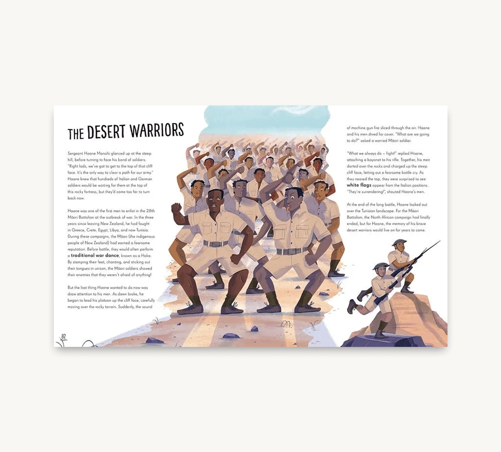 Illustration of soldiers in a desert setting with text on a white background