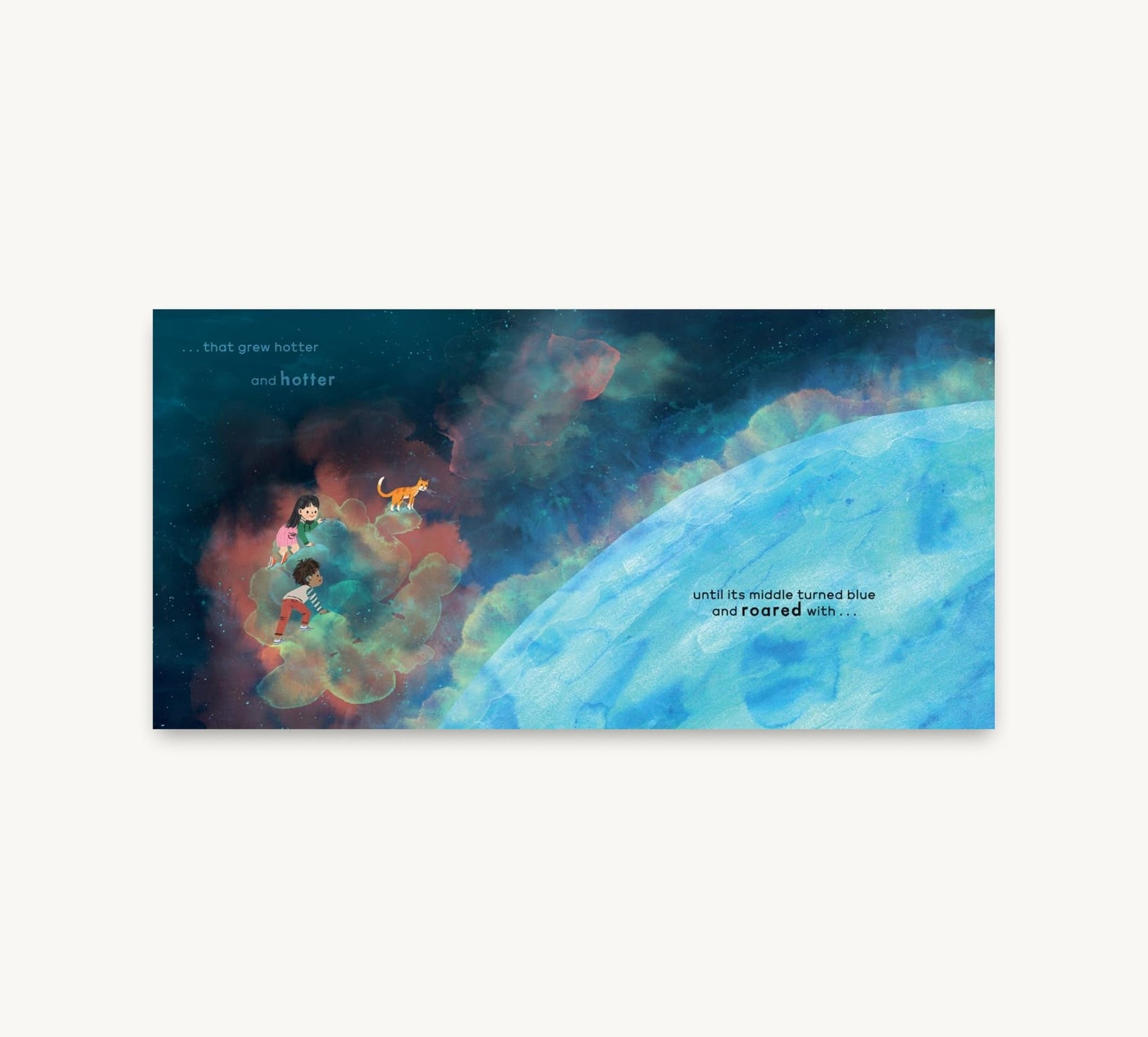 Illustration of a child and a tiger in space with colorful nebulae and text.