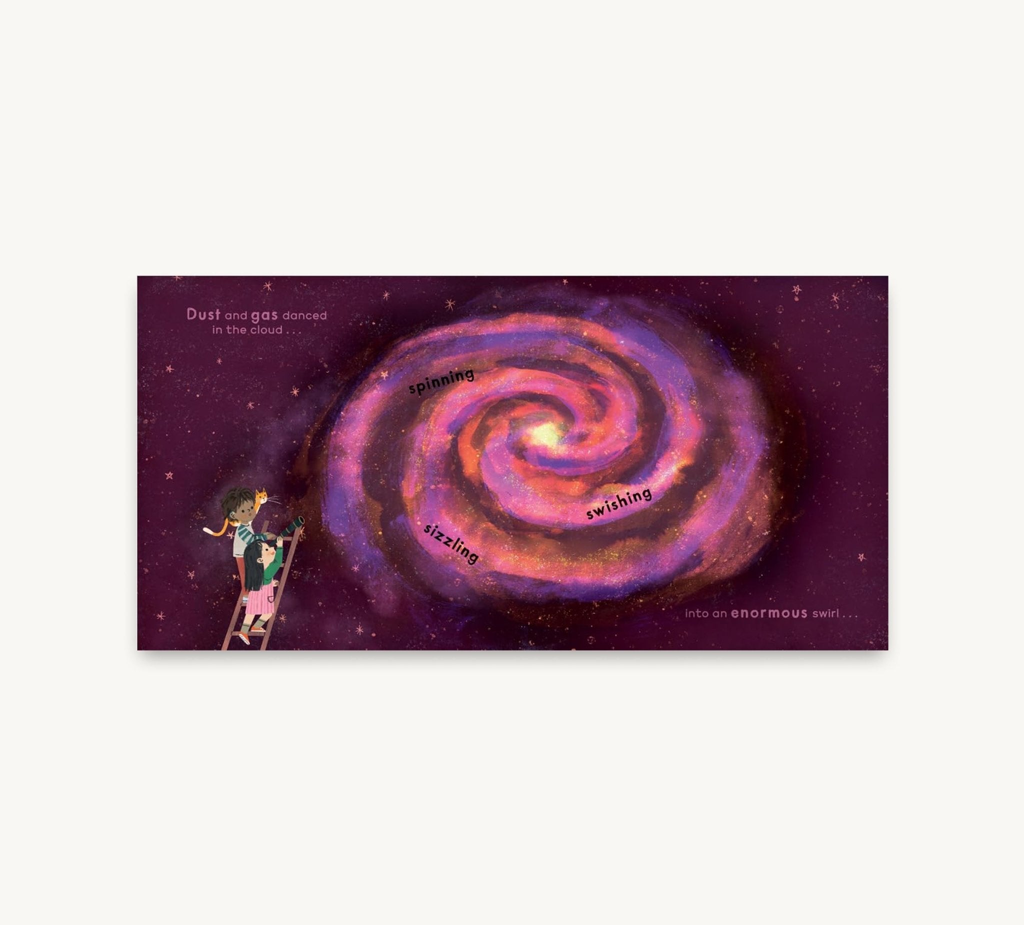 Illustration of a person looking at a spiral galaxy with descriptive text on a purple background