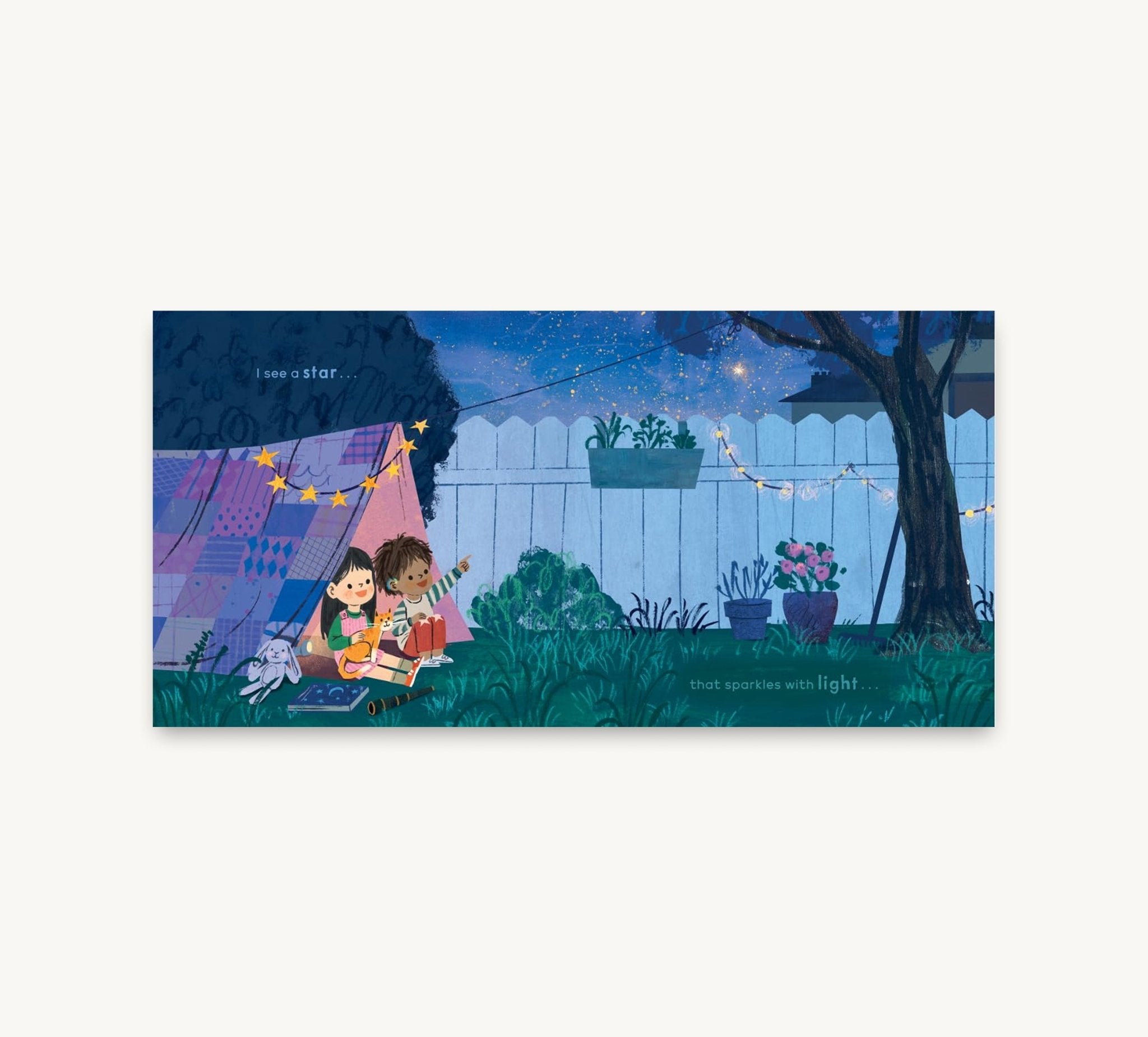 Illustration of two children under a tent in a garden at night.