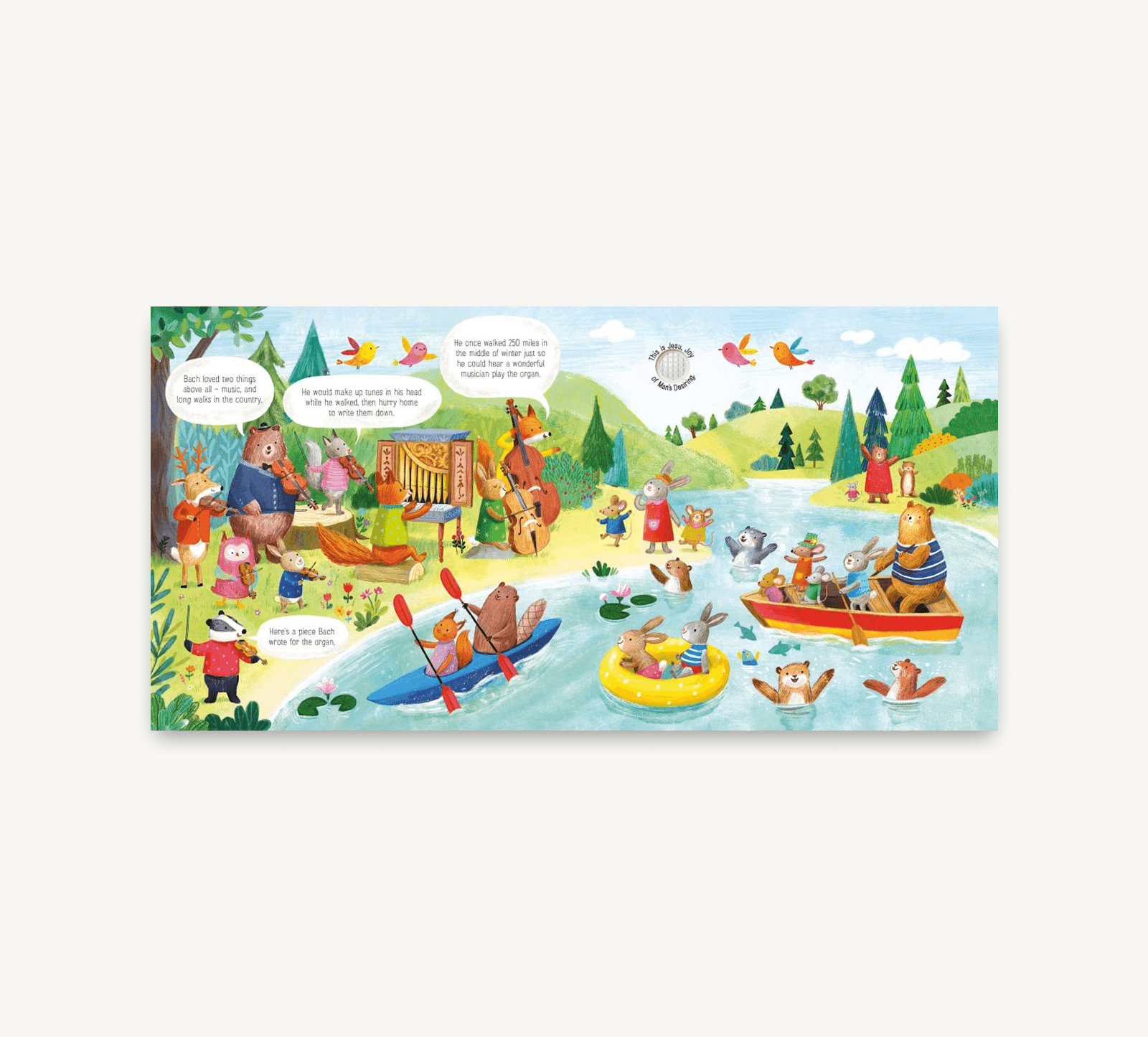 Illustrated scene with animals by a lake, featuring a bear and other characters near watercraft.
