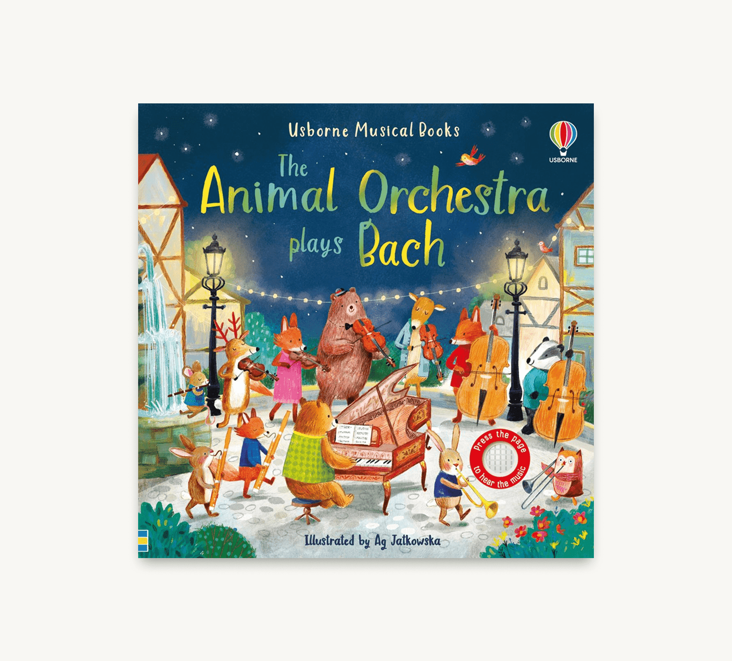 Book cover of 'The Animal Orchestra plays Bach' with colorful illustrations of animals playing instruments.