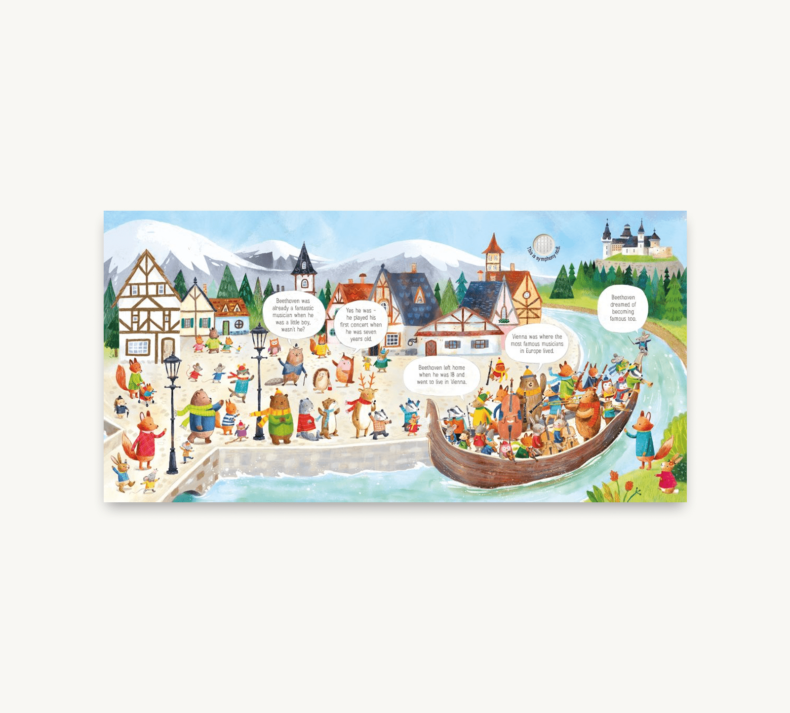 Illustrated book page with a boat and town scene on a white background