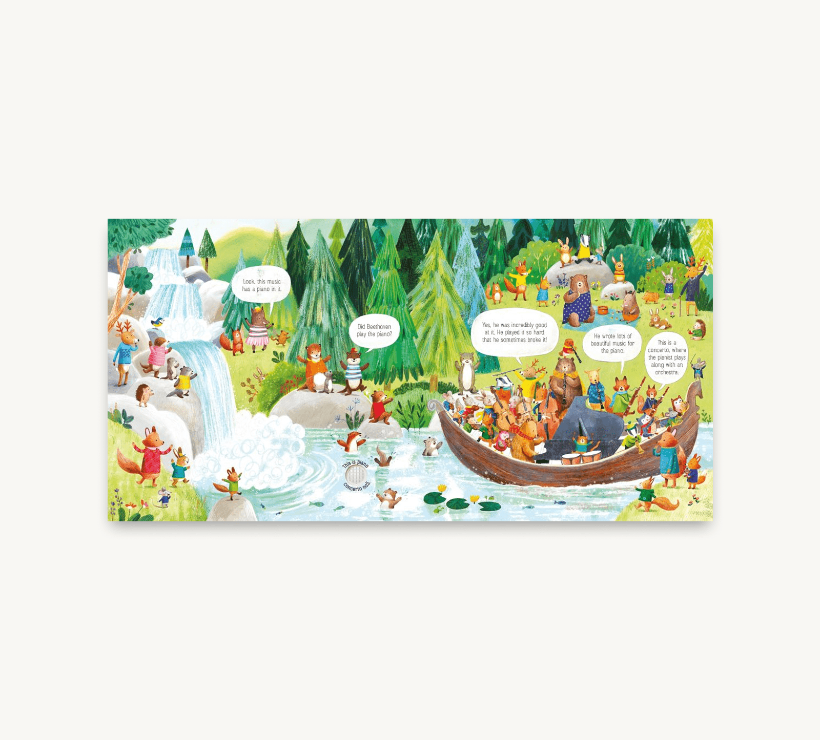 Illustrated scene with people around a river and a boat, on a white background