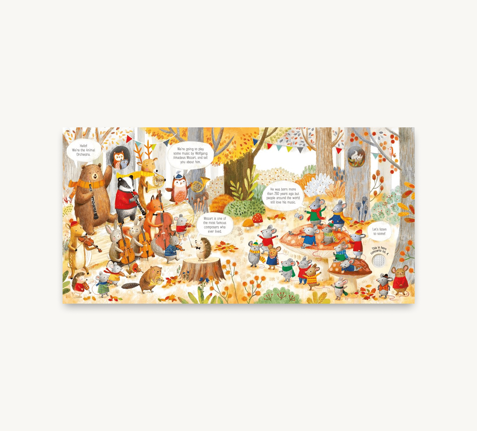 Illustrated children's book with forest animals and a white background