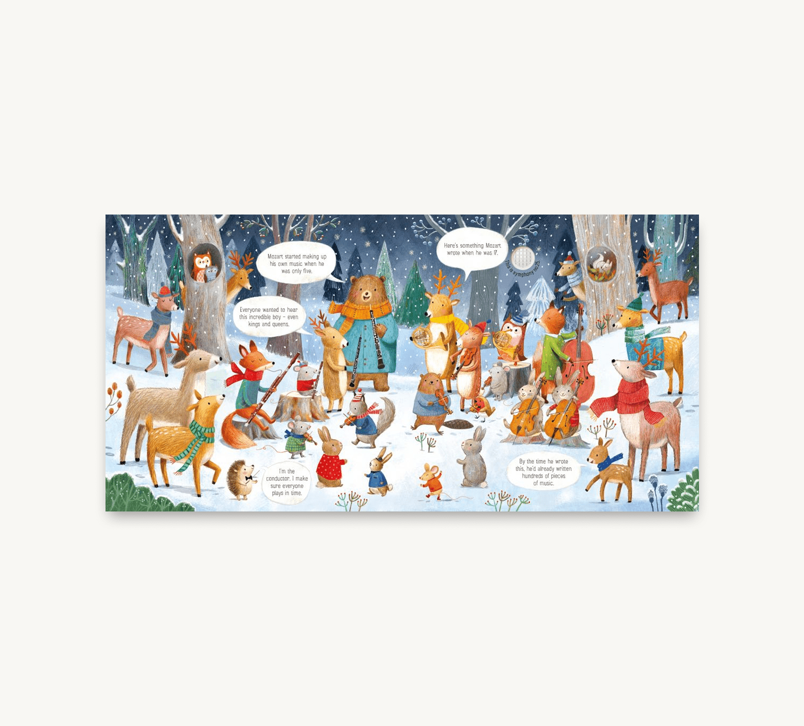 Illustration of animals in a snowy forest with speech bubbles.