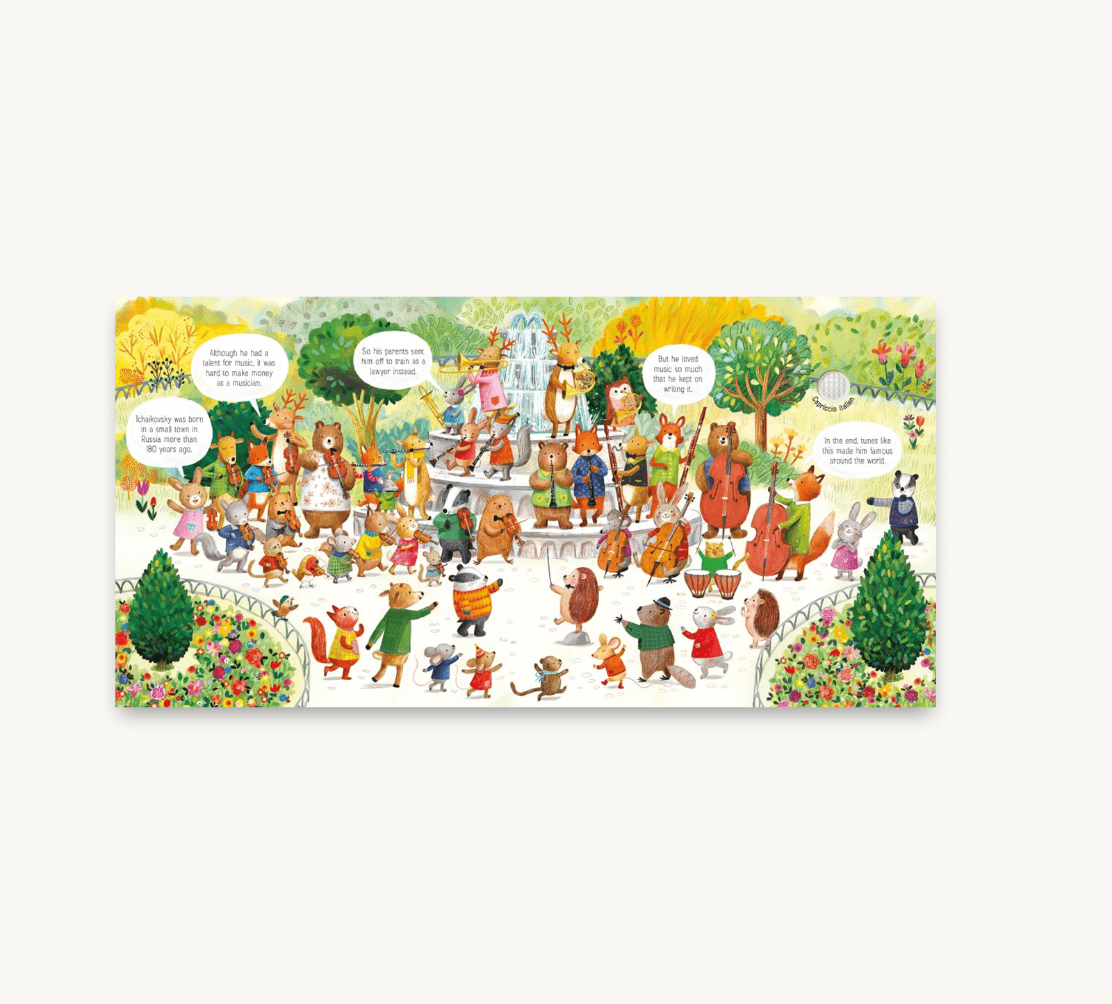 Illustrated scene with various animal characters in a park setting