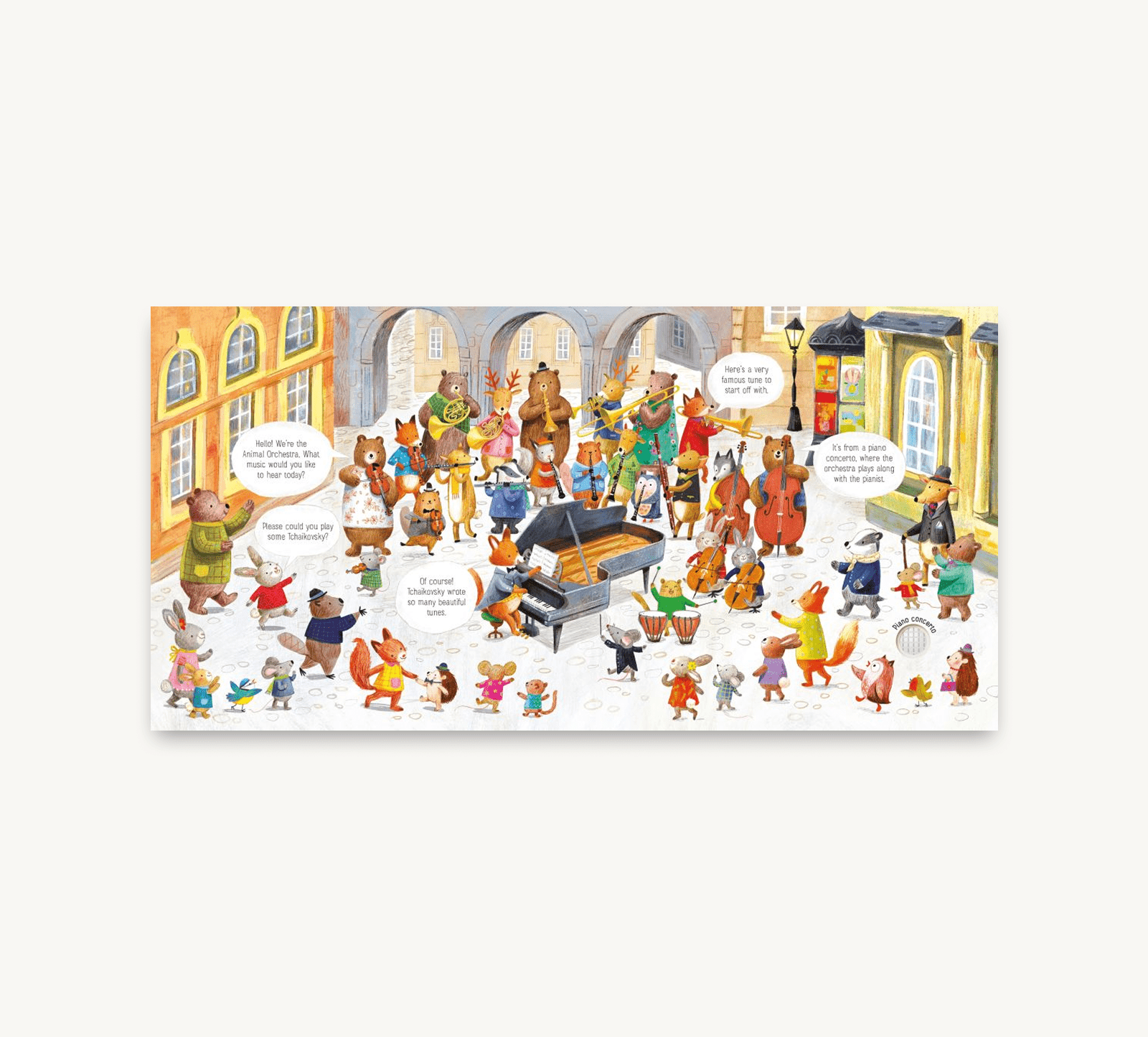 Illustration of animals playing instruments in a concert hall