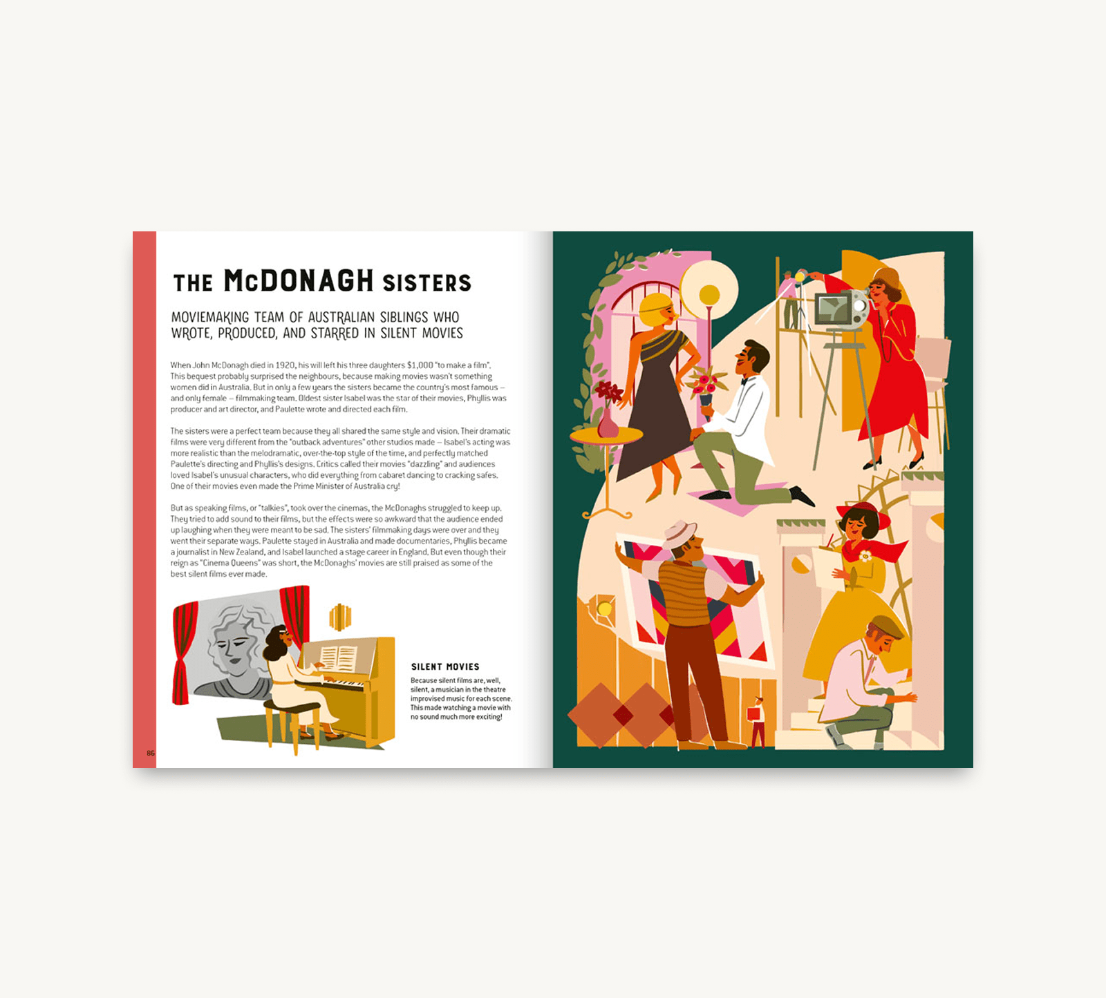 Illustrated book open to a page about the McDonagh sisters with a colorful scene on the right.