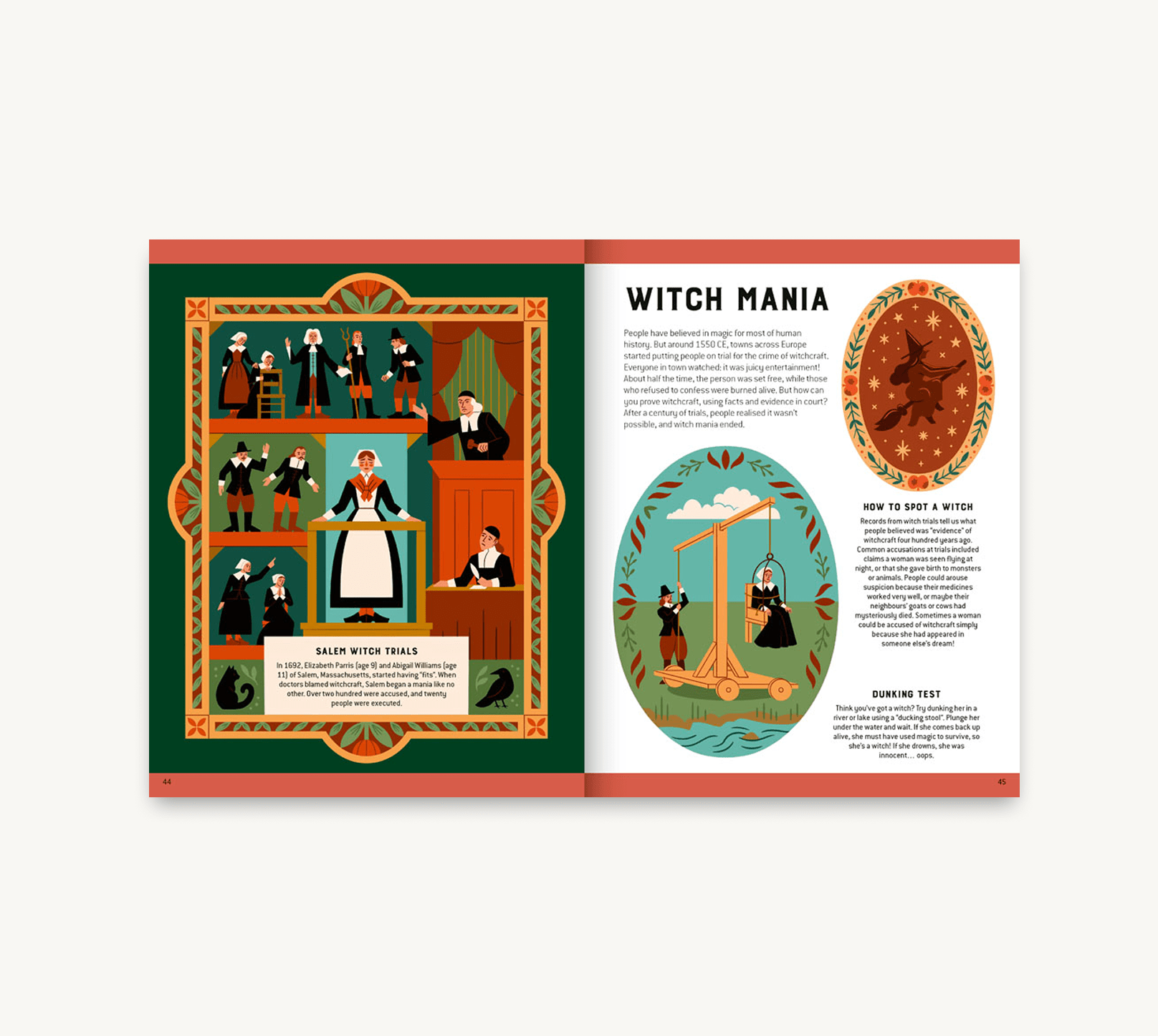 Illustrated book open to a page about 'Witch Mania' with colorful graphics and text.