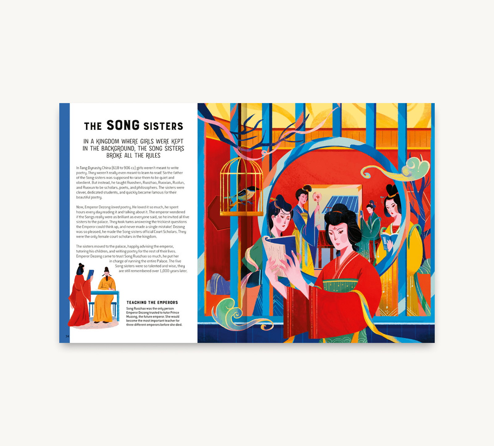 Illustrated book page with colorful artwork and text on a white background