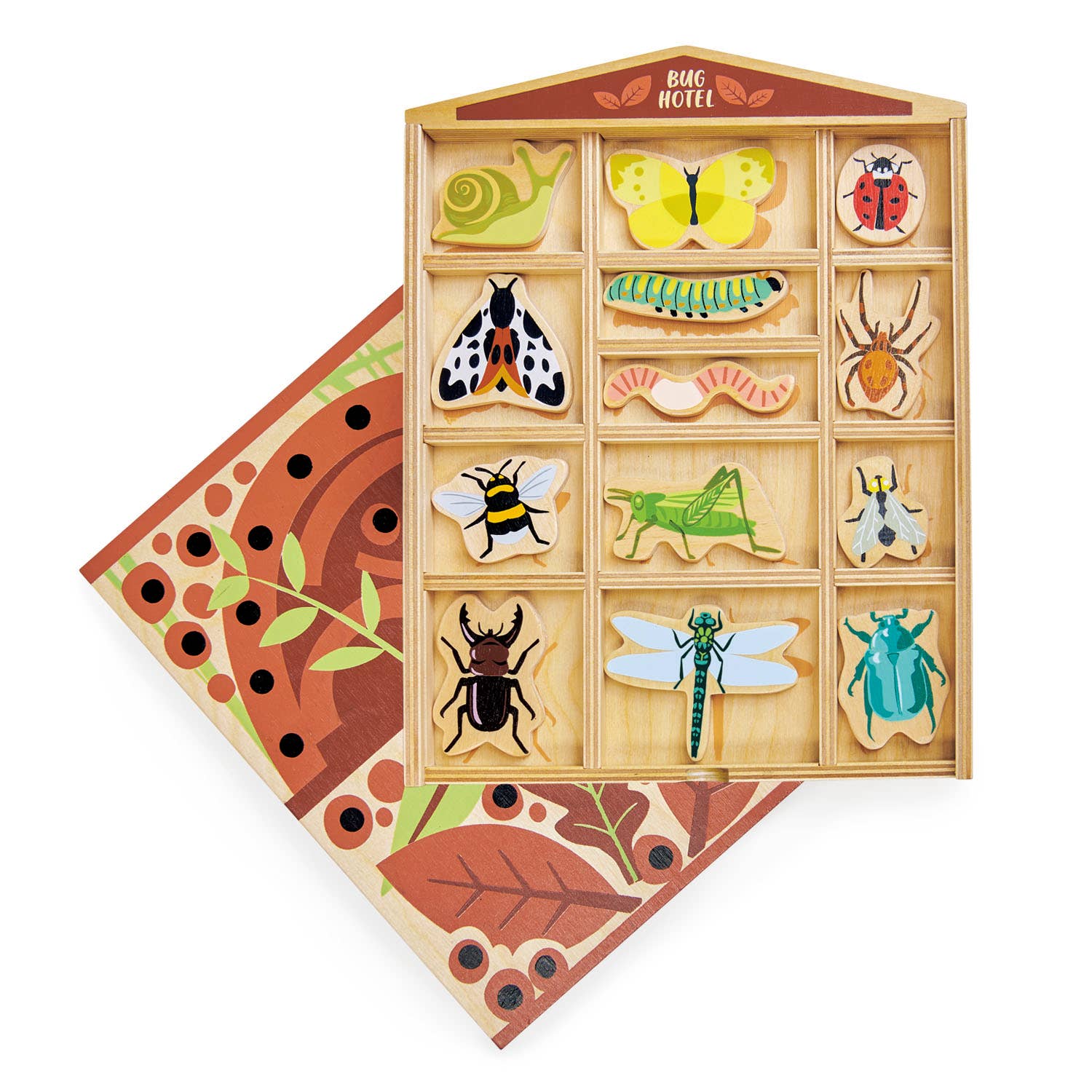 Wooden toy set with insect figures and a 'Bug Hotel' display on a white background