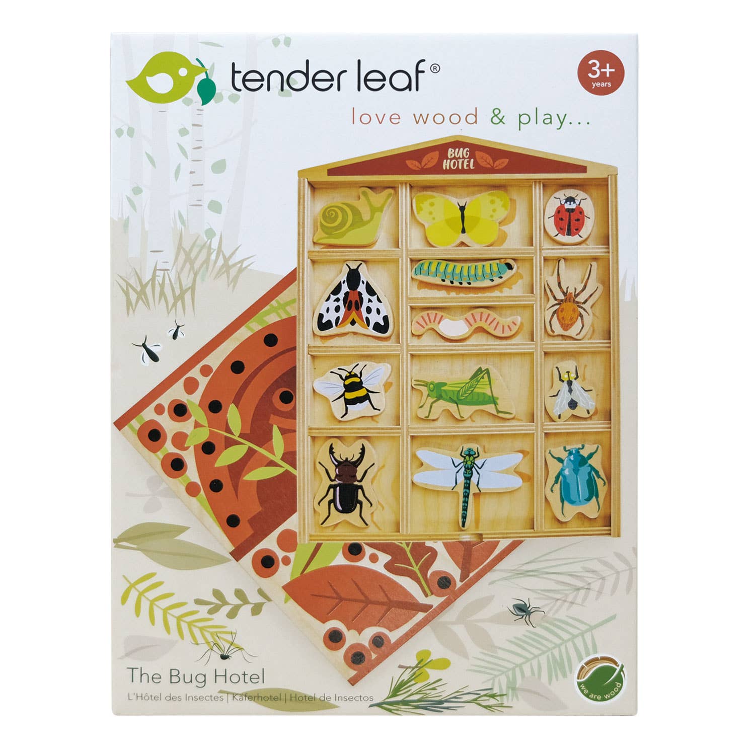 Tender Leaf wooden toy packaging with insect illustrations on a white background