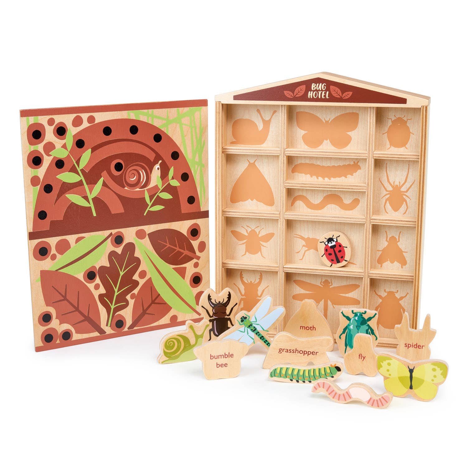 Wooden toy set with insect figures and educational cards on a white background