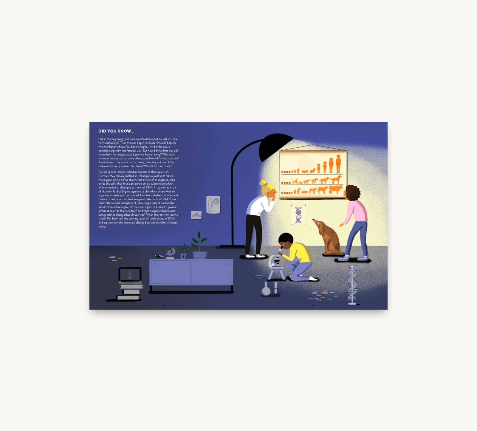 Illustration of a family in a living room with a robot and a dog, featuring text on a blue background.