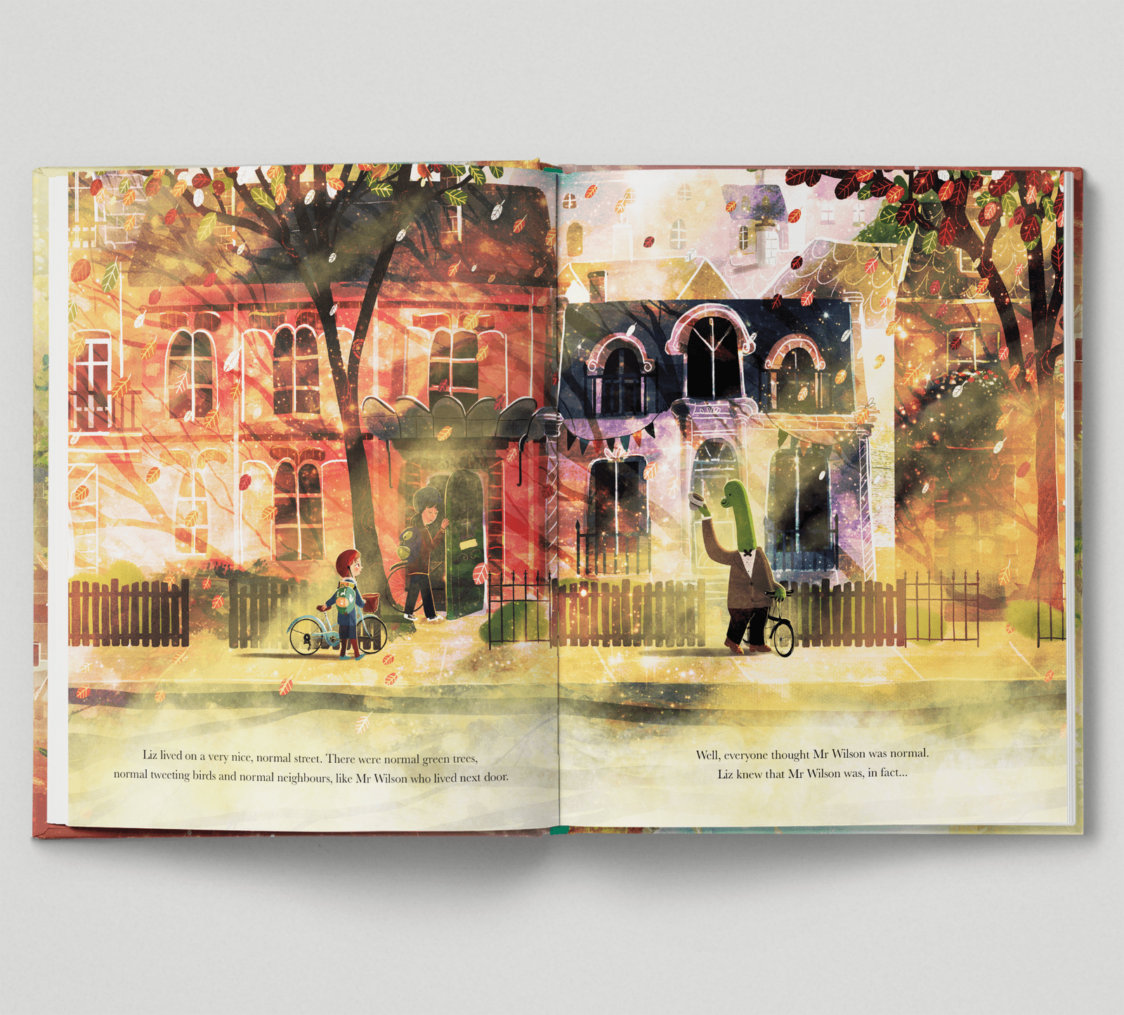 Illustrated book open to two pages showing children playing in a colorful street scene.