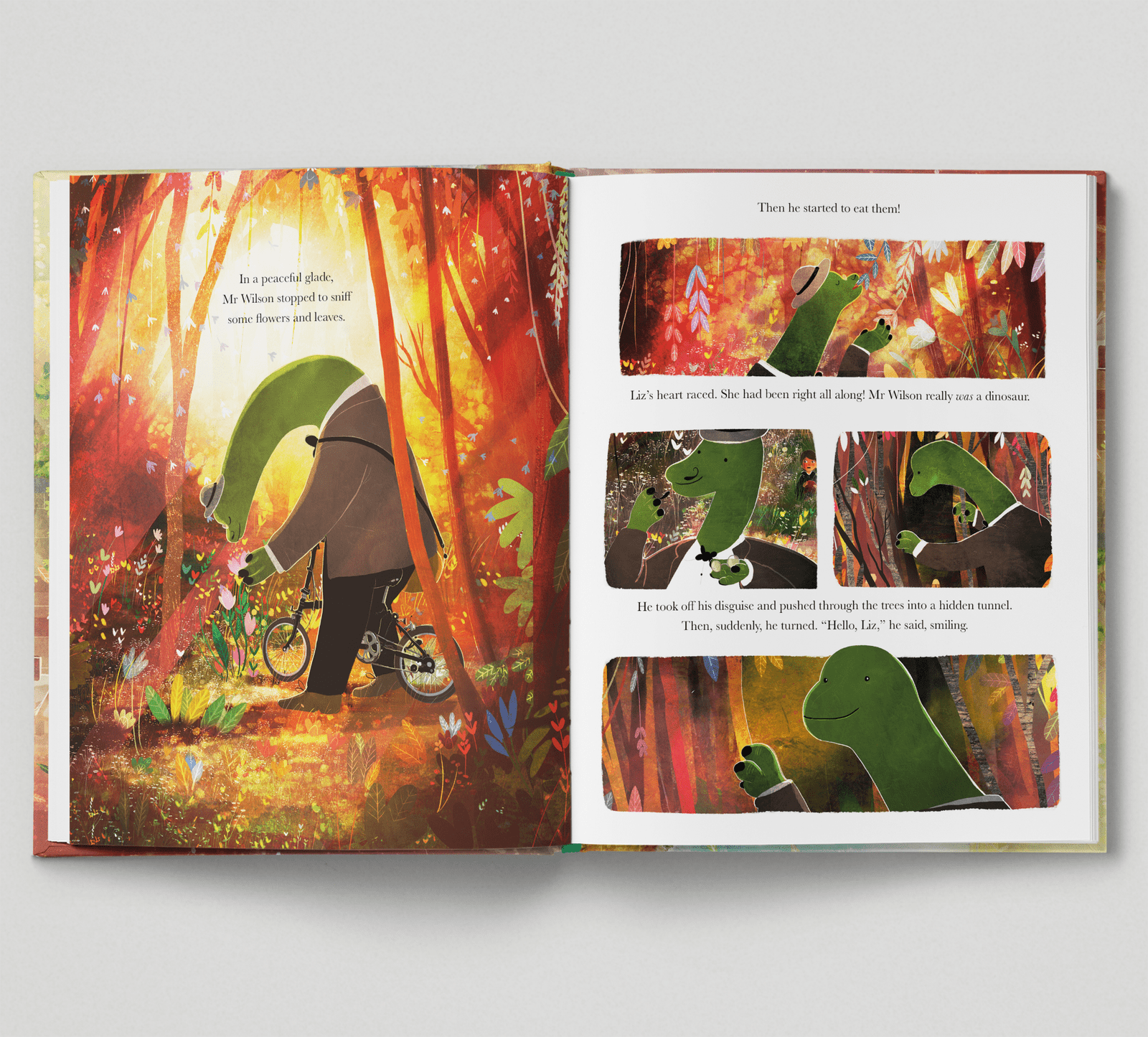 Open book with colorful illustrations of a dinosaur and a bear in a forest setting.