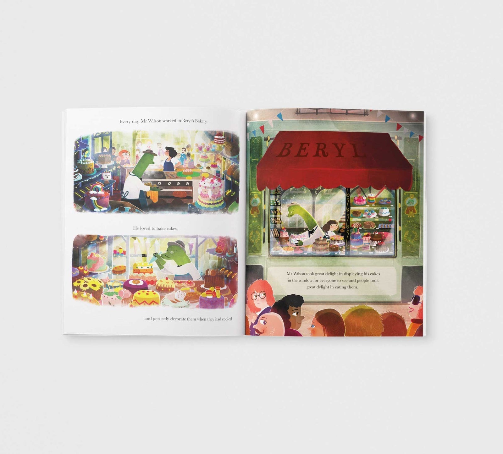 Illustrated book open to a page with colorful graphics and text on a white background