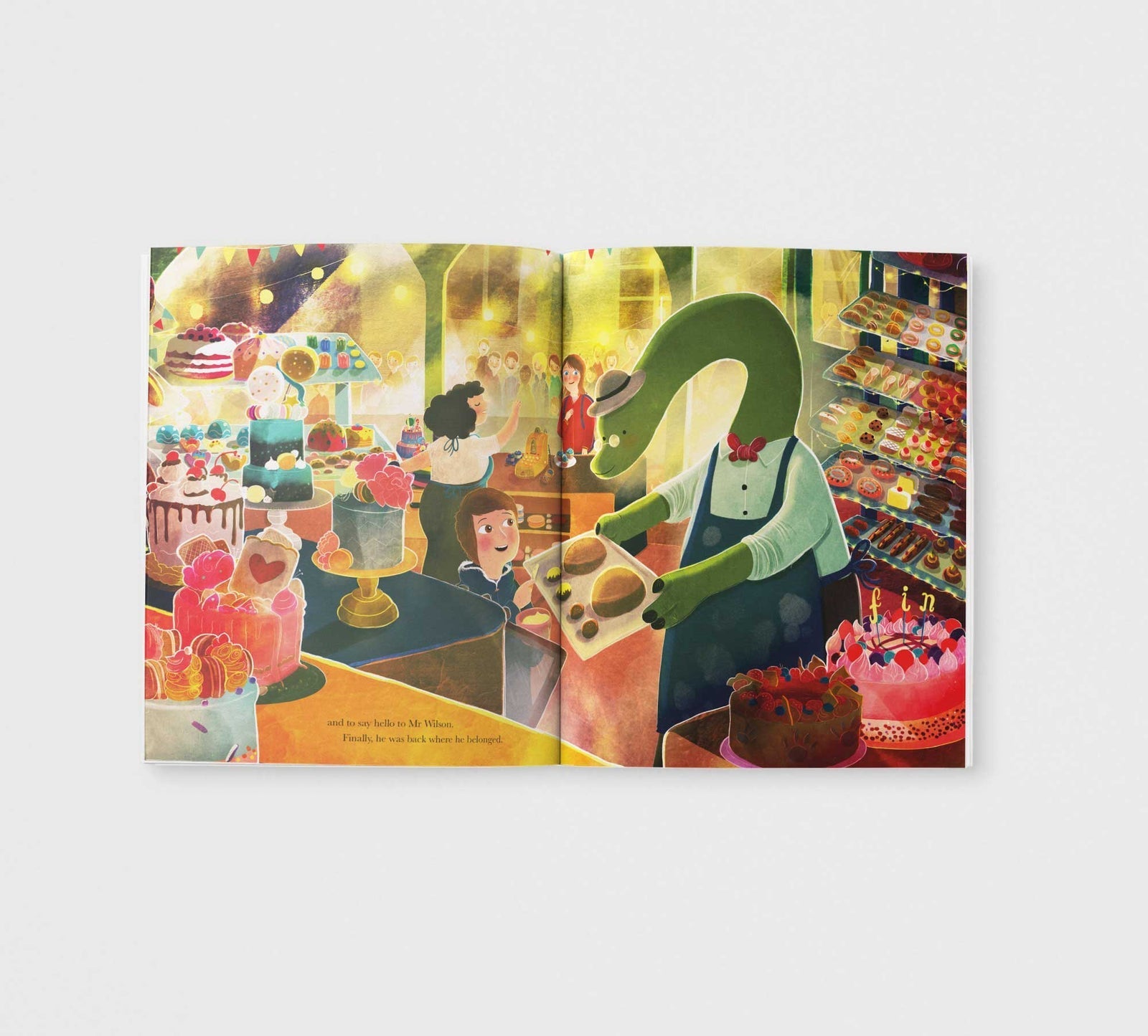 Illustration of a dinosaur in a bakery with people and pastries