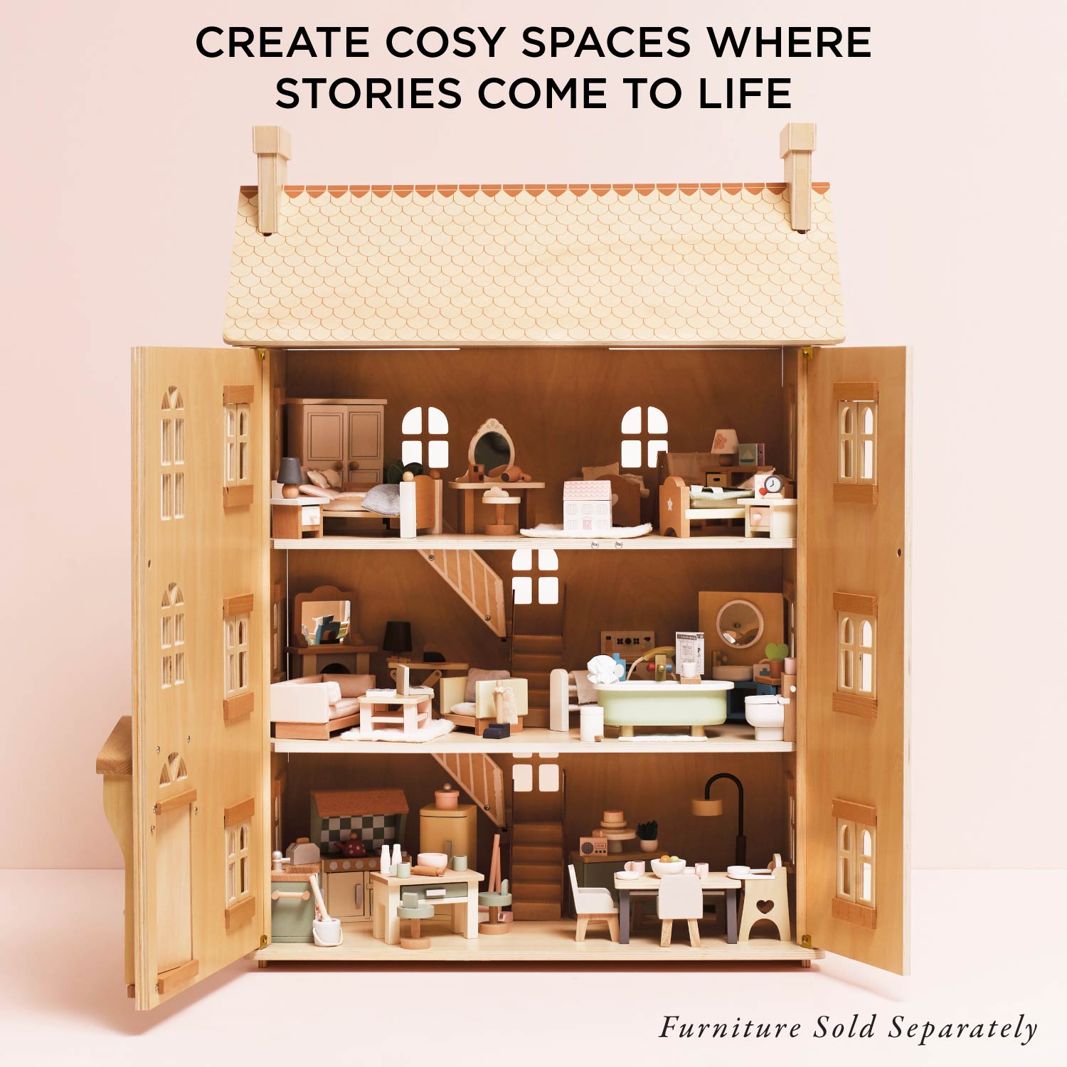 Wooden dollhouse with furniture on a pink background, text 'Create Cosy Spaces Where Stories Come to Life'.
