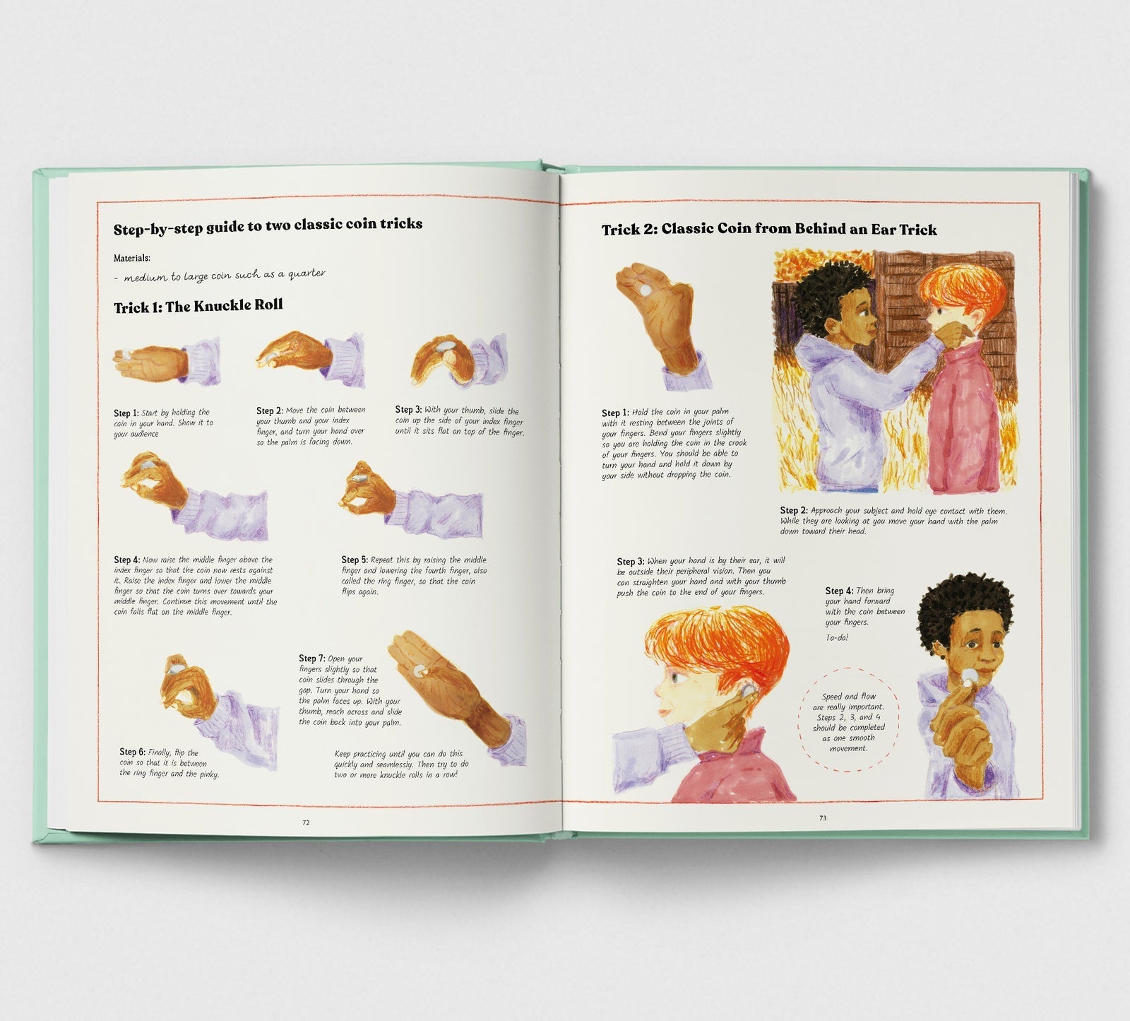 Open book showing instructions for coin tricks with illustrations of hands and people.