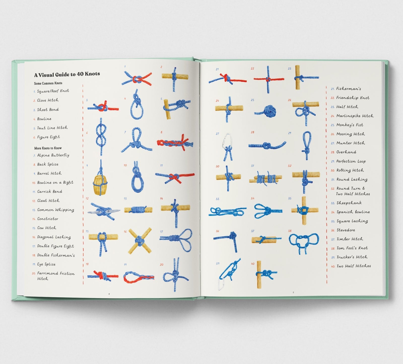 Open book showing a visual guide to knots with colorful illustrations on a white background.