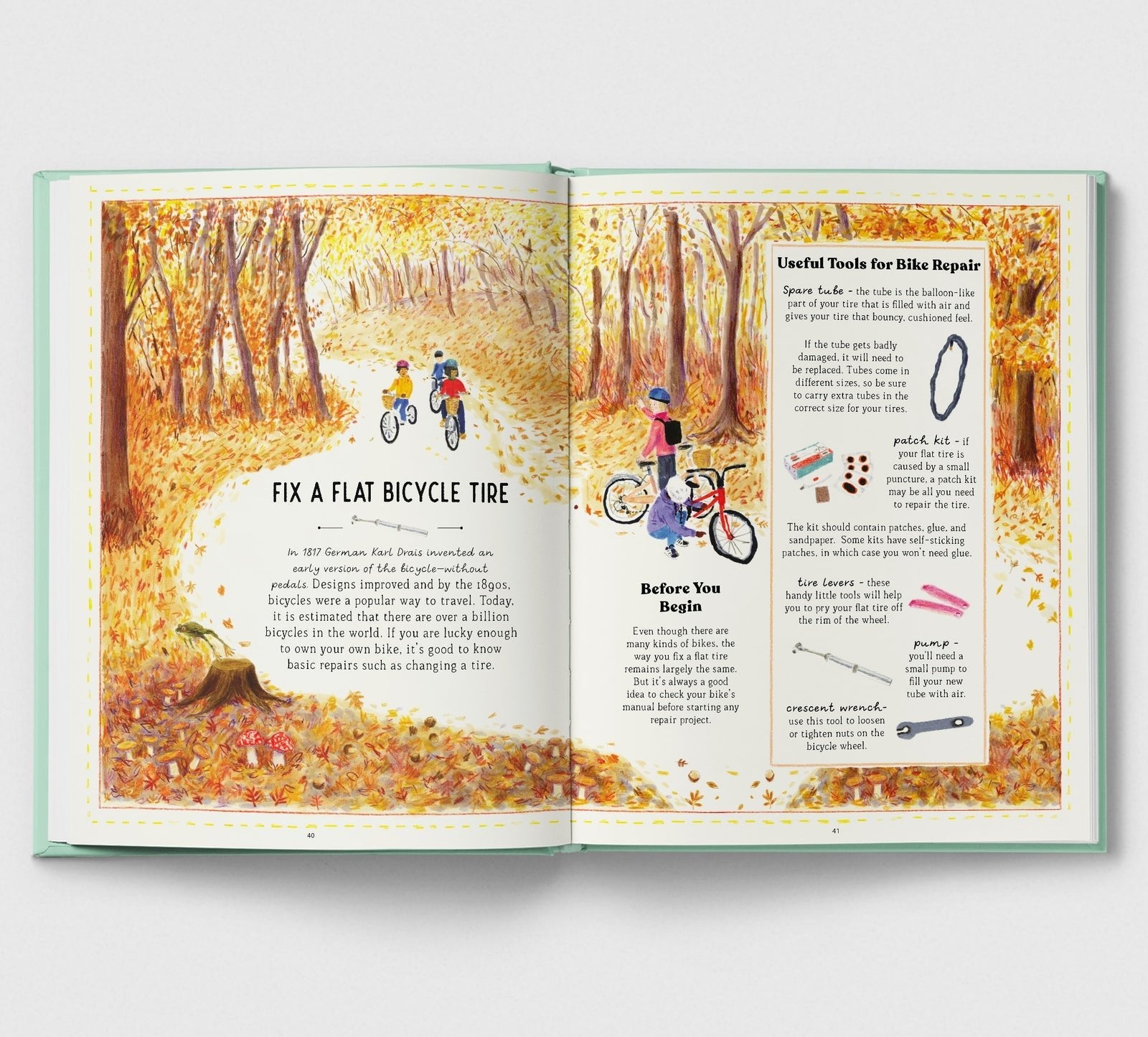 Open book with illustrations of a forest path and bicycle repair instructions.