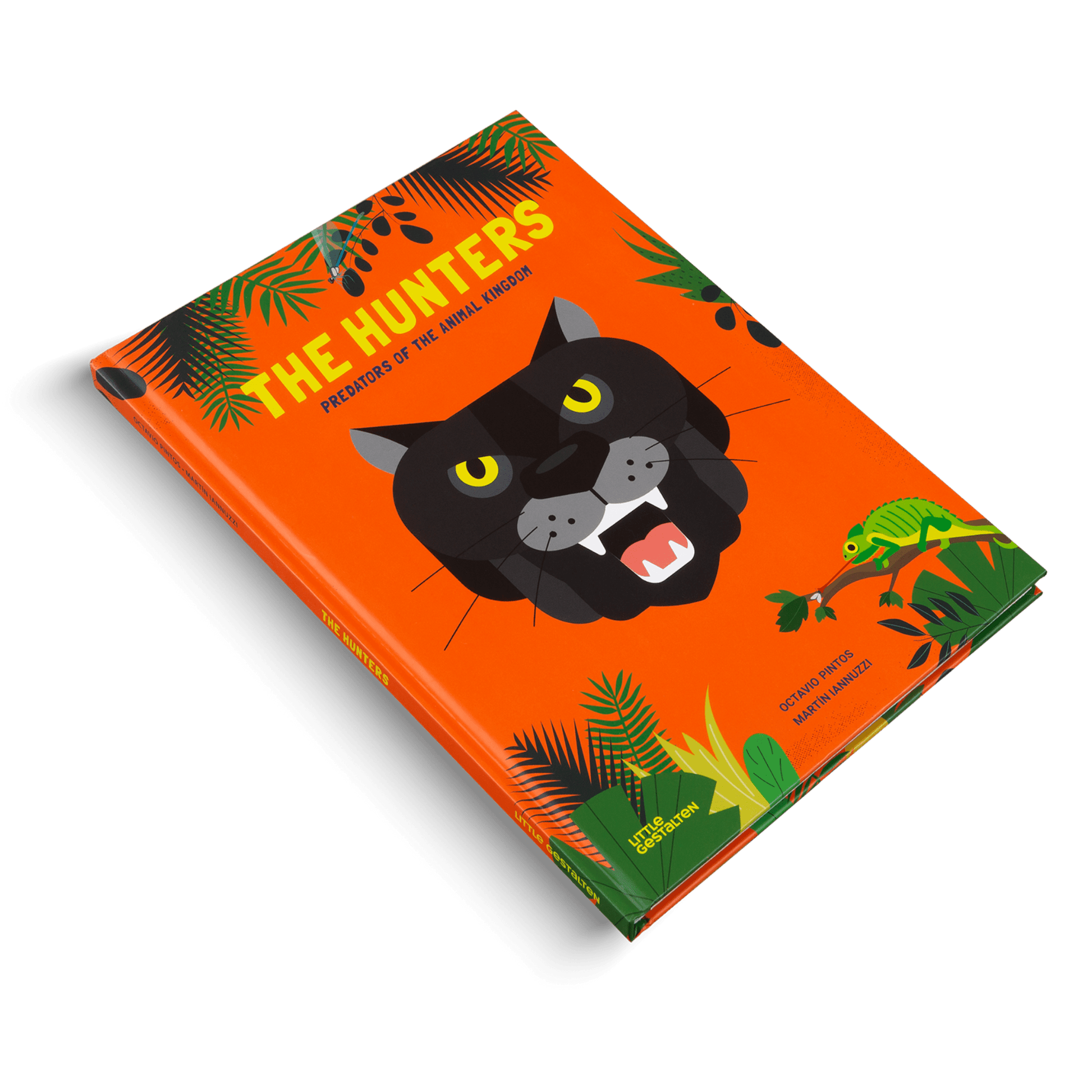 Book titled 'The Hunters' with a panther illustration on an orange background