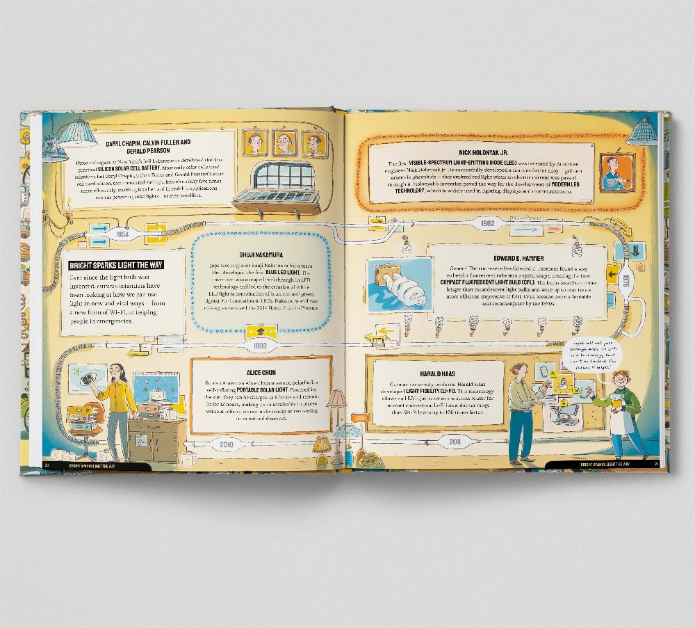 Open book with illustrated pages on a light gray background