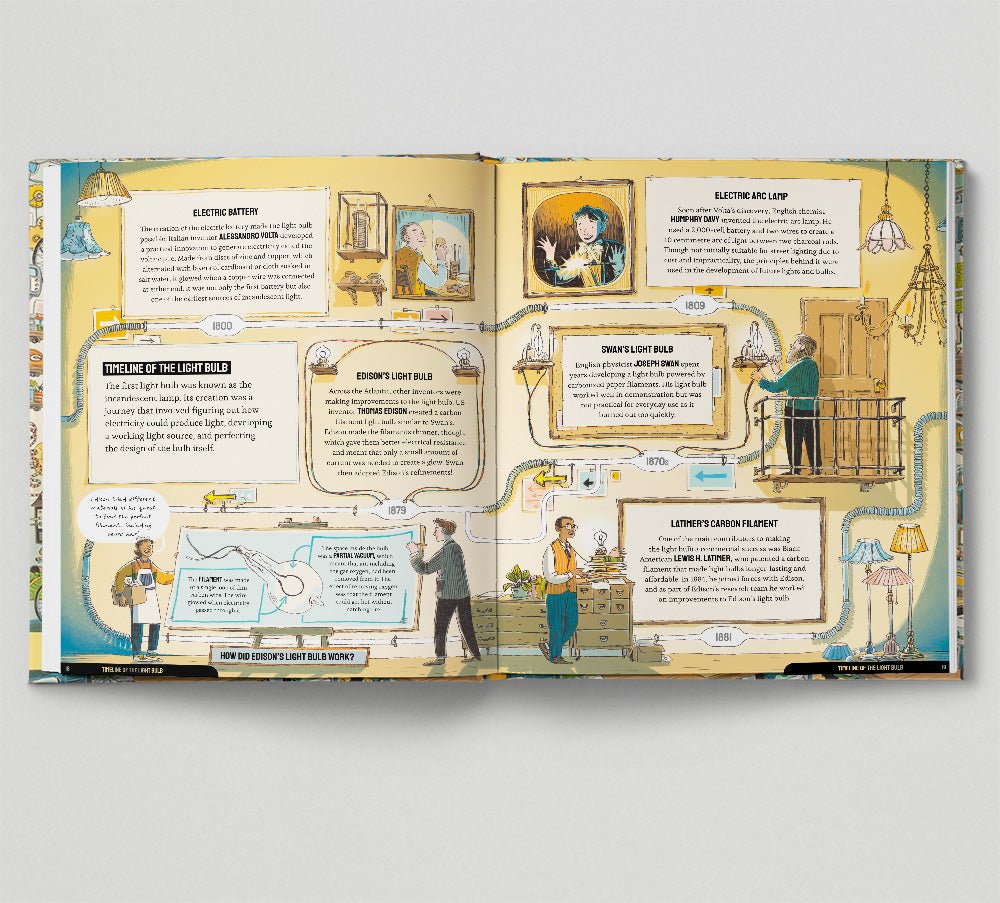 Open book with educational content on a light gray background