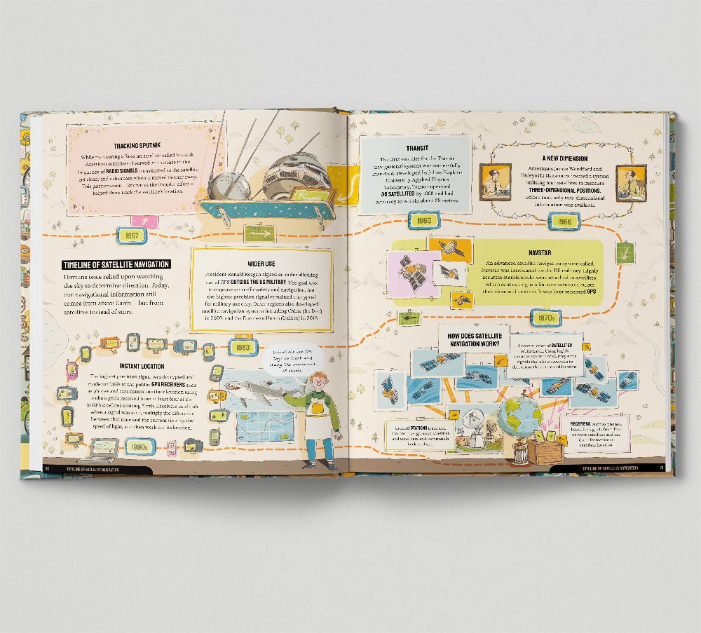 Open book with educational content on a gray background