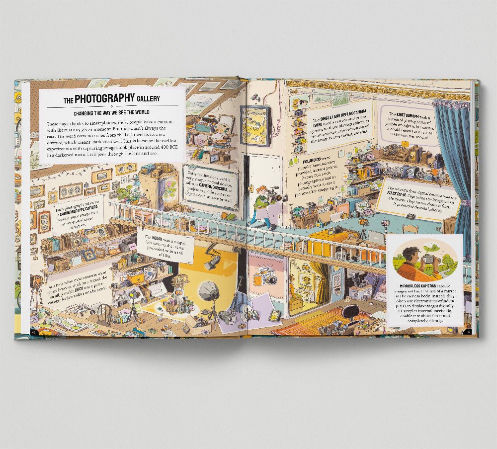 Illustrated book open to a page with detailed interior design and text on a gray background