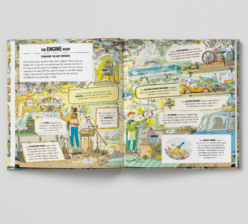 Open book showing detailed illustrations and text on a gray background