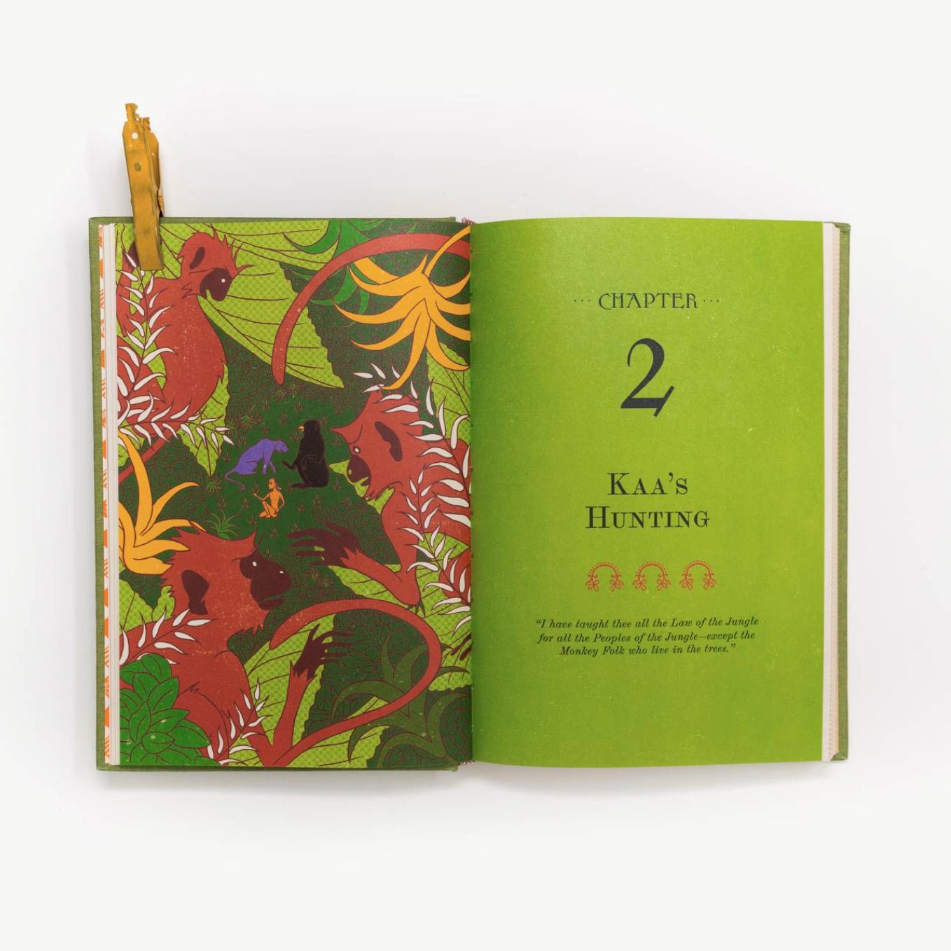 Open book with colorful illustrations of animals and leaves on a green page.